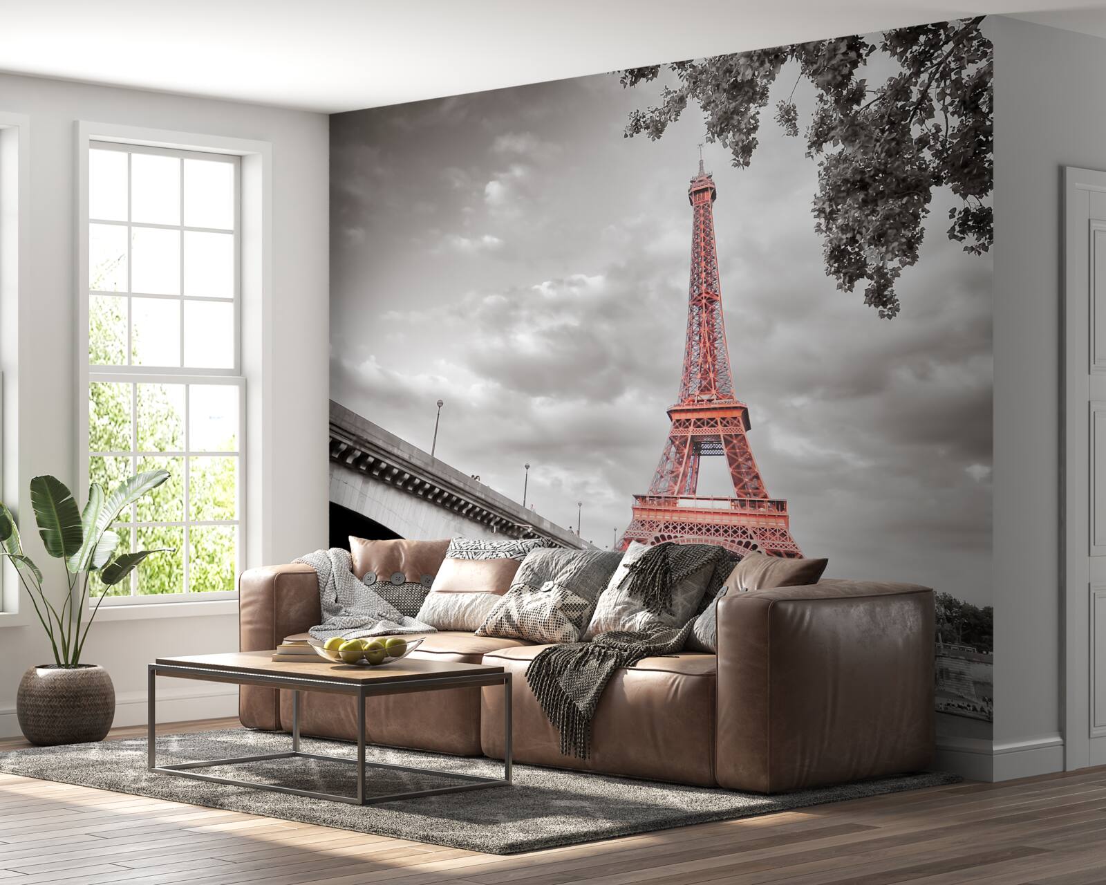 Fotobehang achter de oude brug over de rivier zie je de eiffeltoren