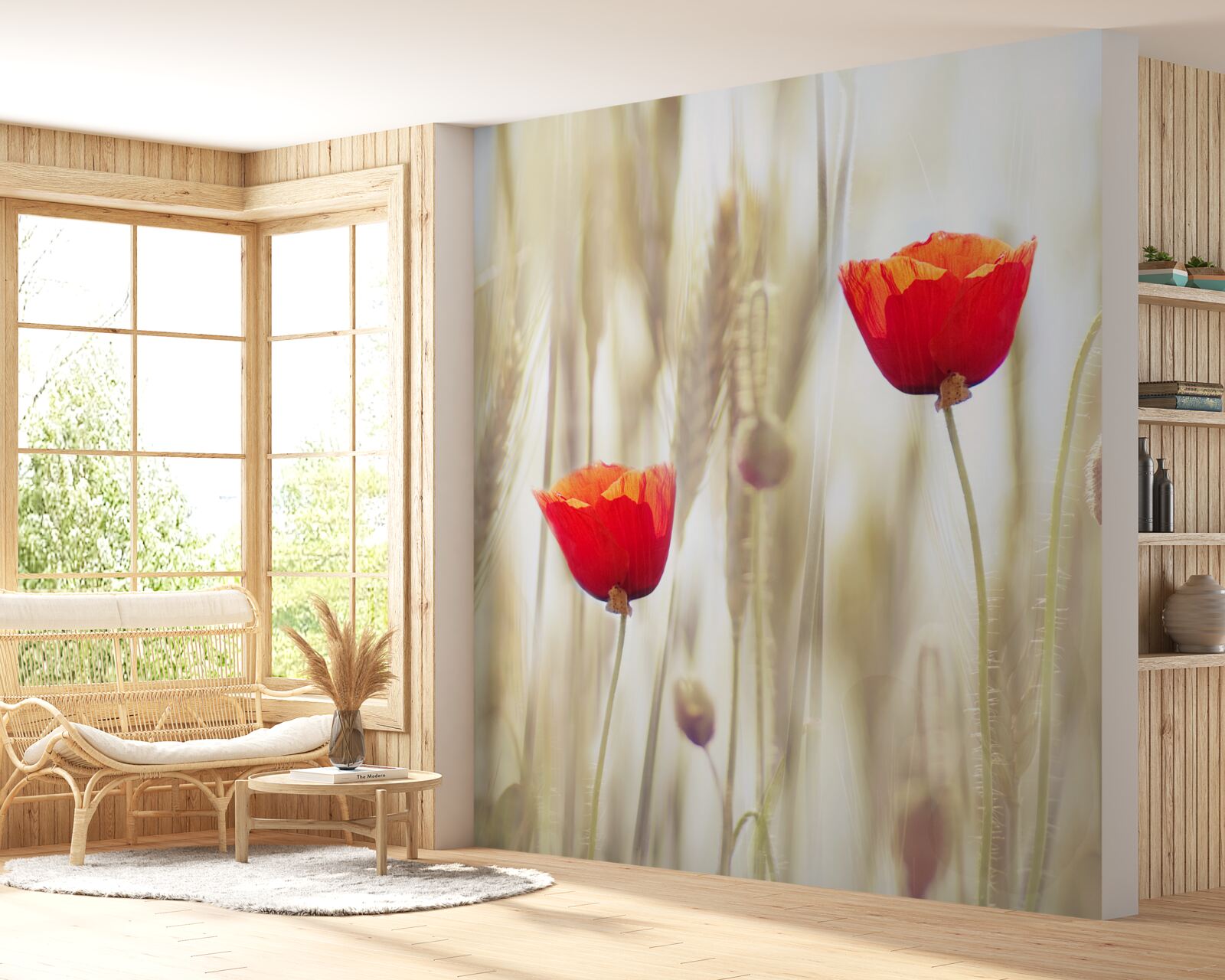 Fotobehang Scharlaken klaprozen groeien in een tarweveld