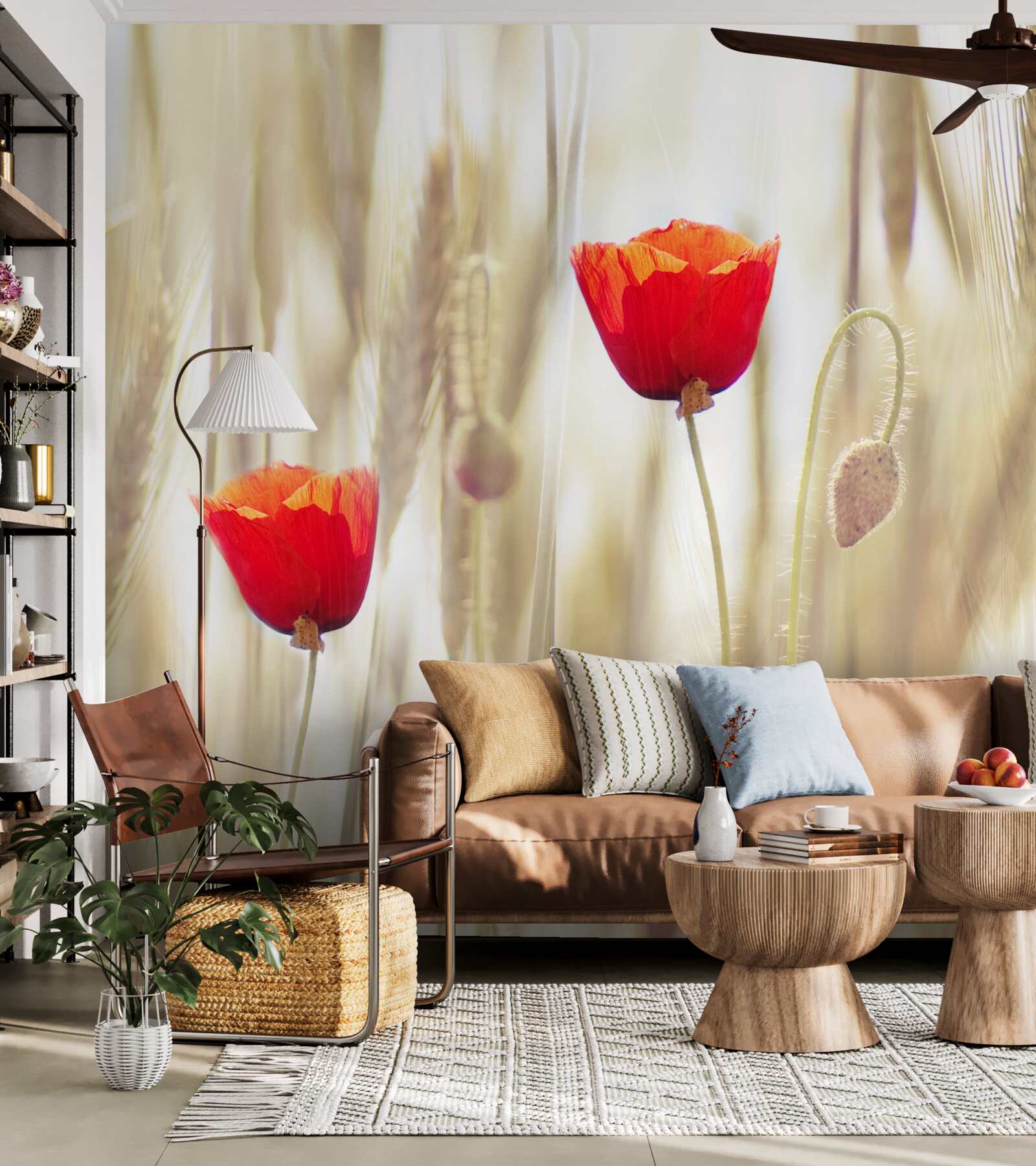 Fotobehang Scharlaken klaprozen groeien in een tarweveld