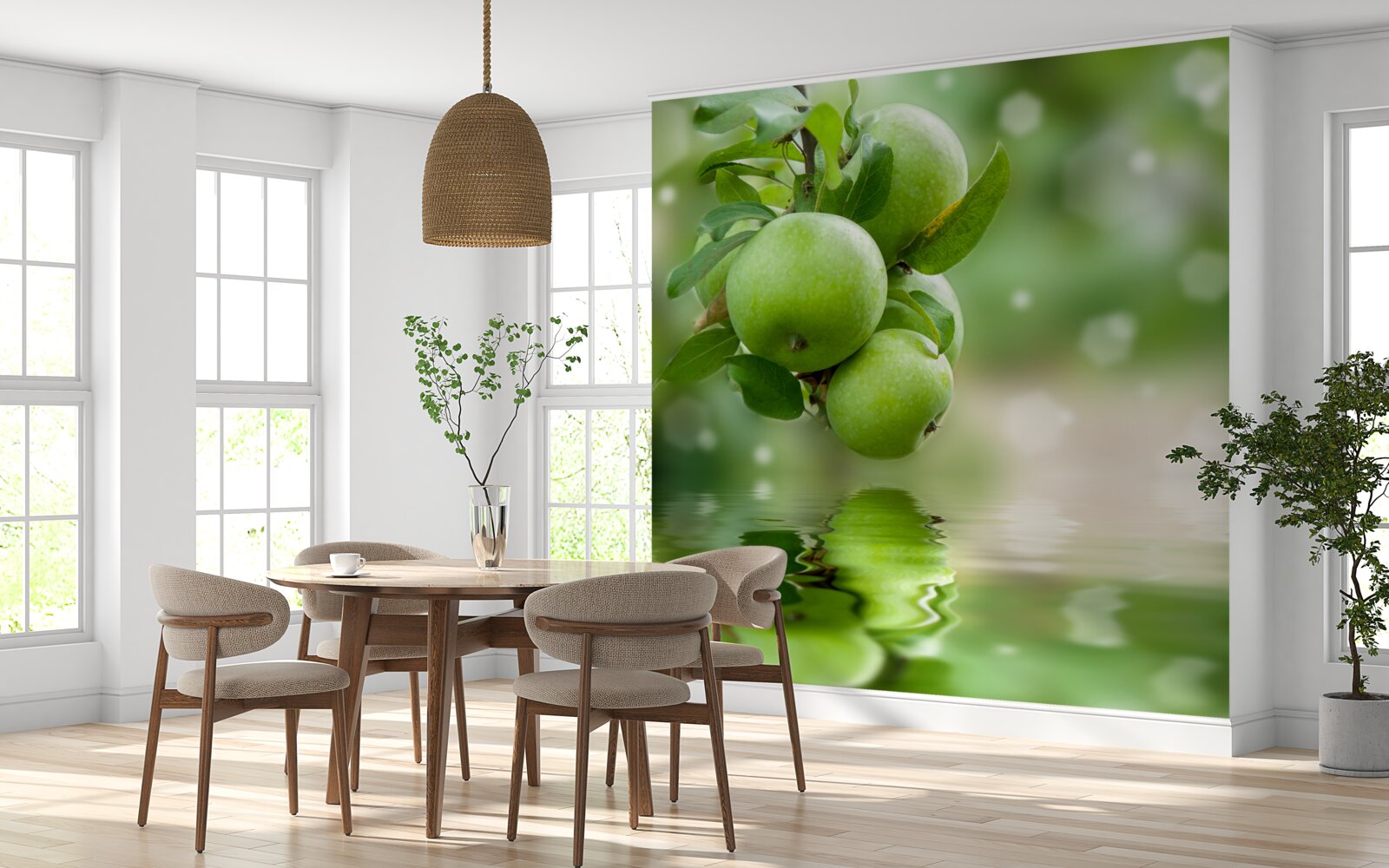 Fotobehang groene appels weerspiegeld in water