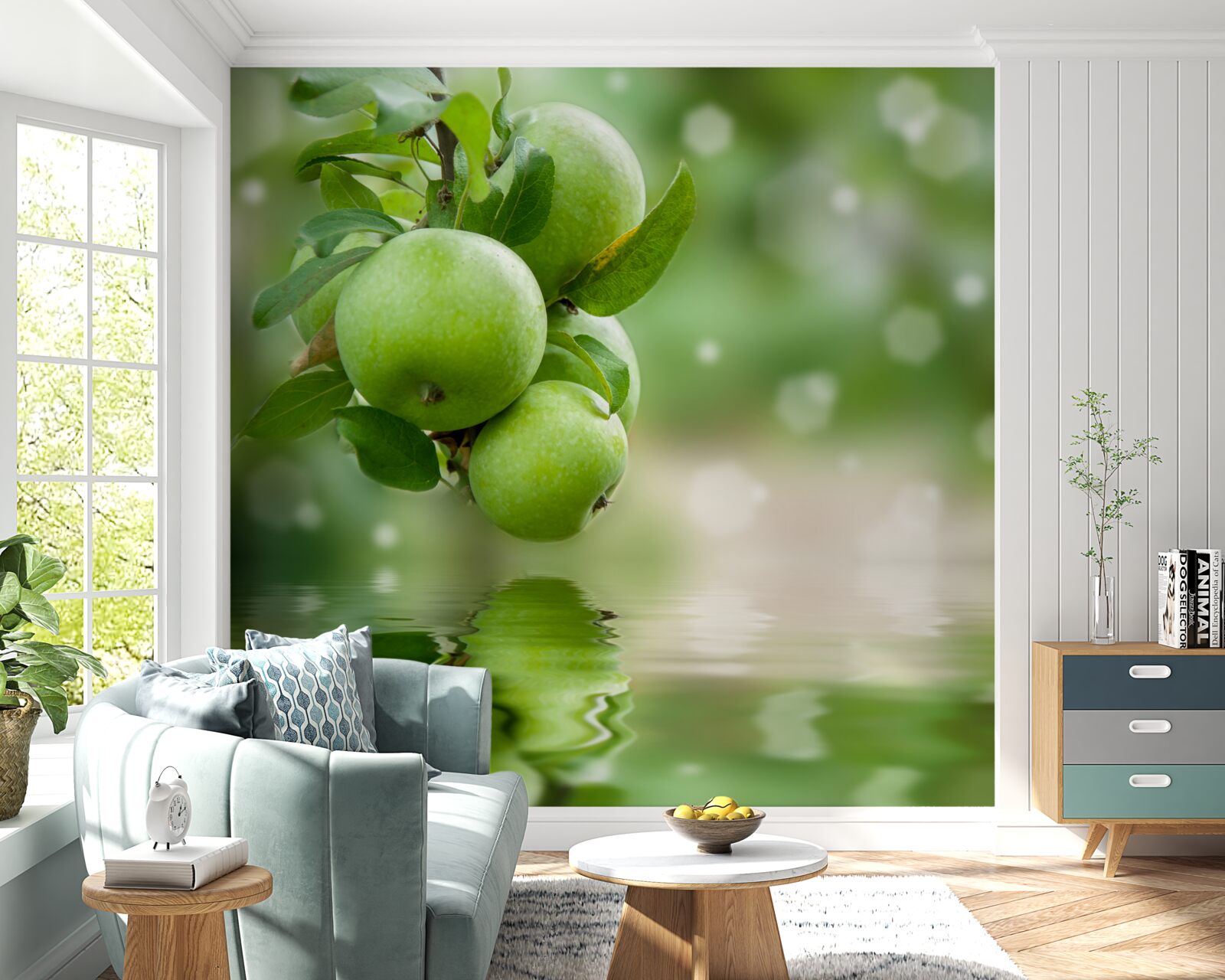 Fotobehang groene appels weerspiegeld in water