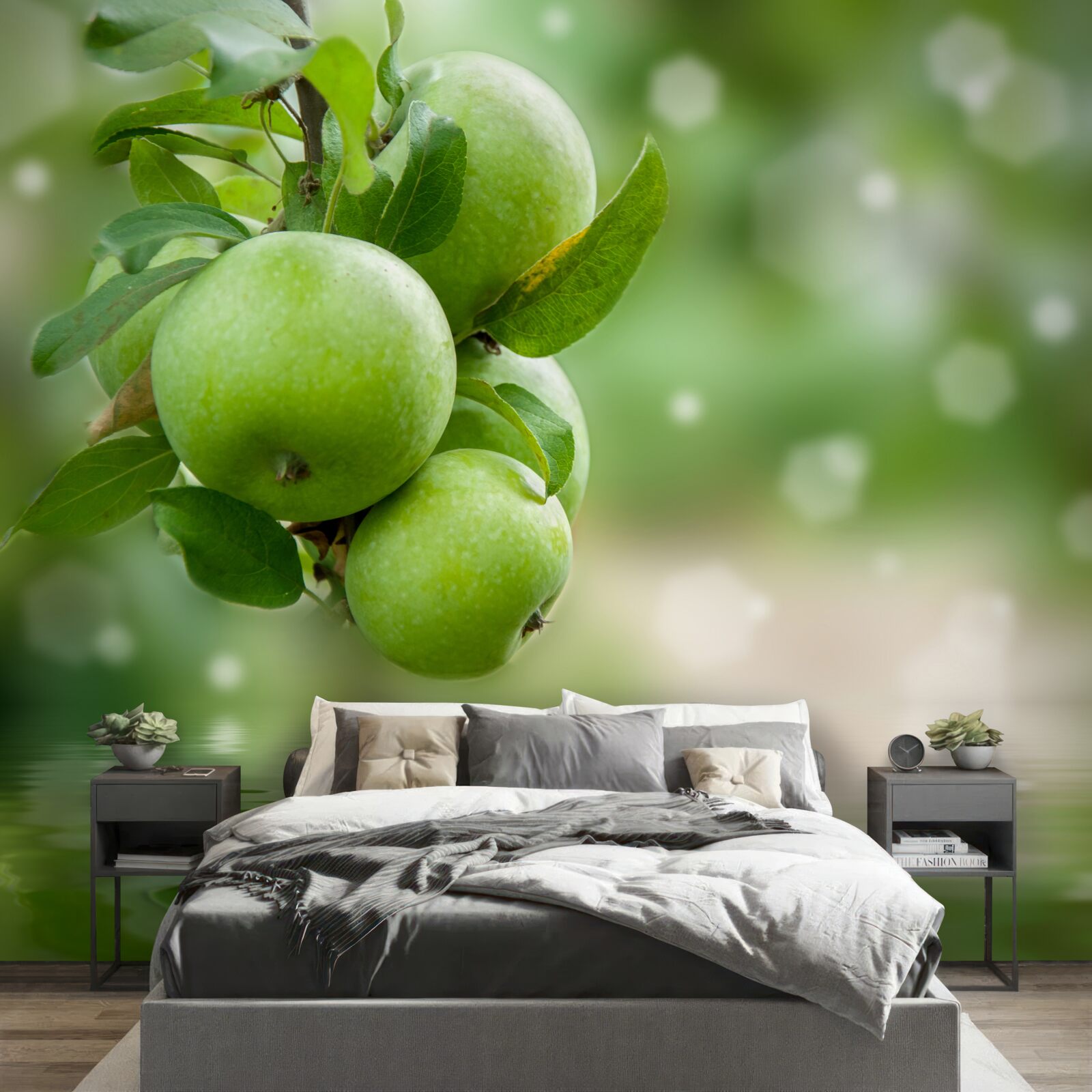 Fotobehang groene appels weerspiegeld in water