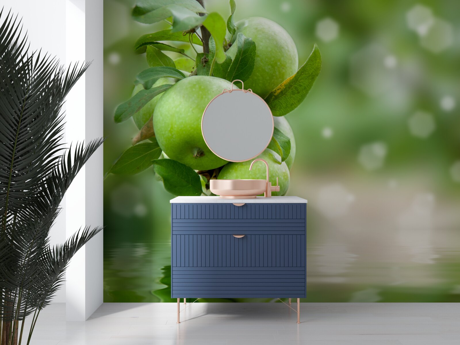 Fotobehang groene appels weerspiegeld in water