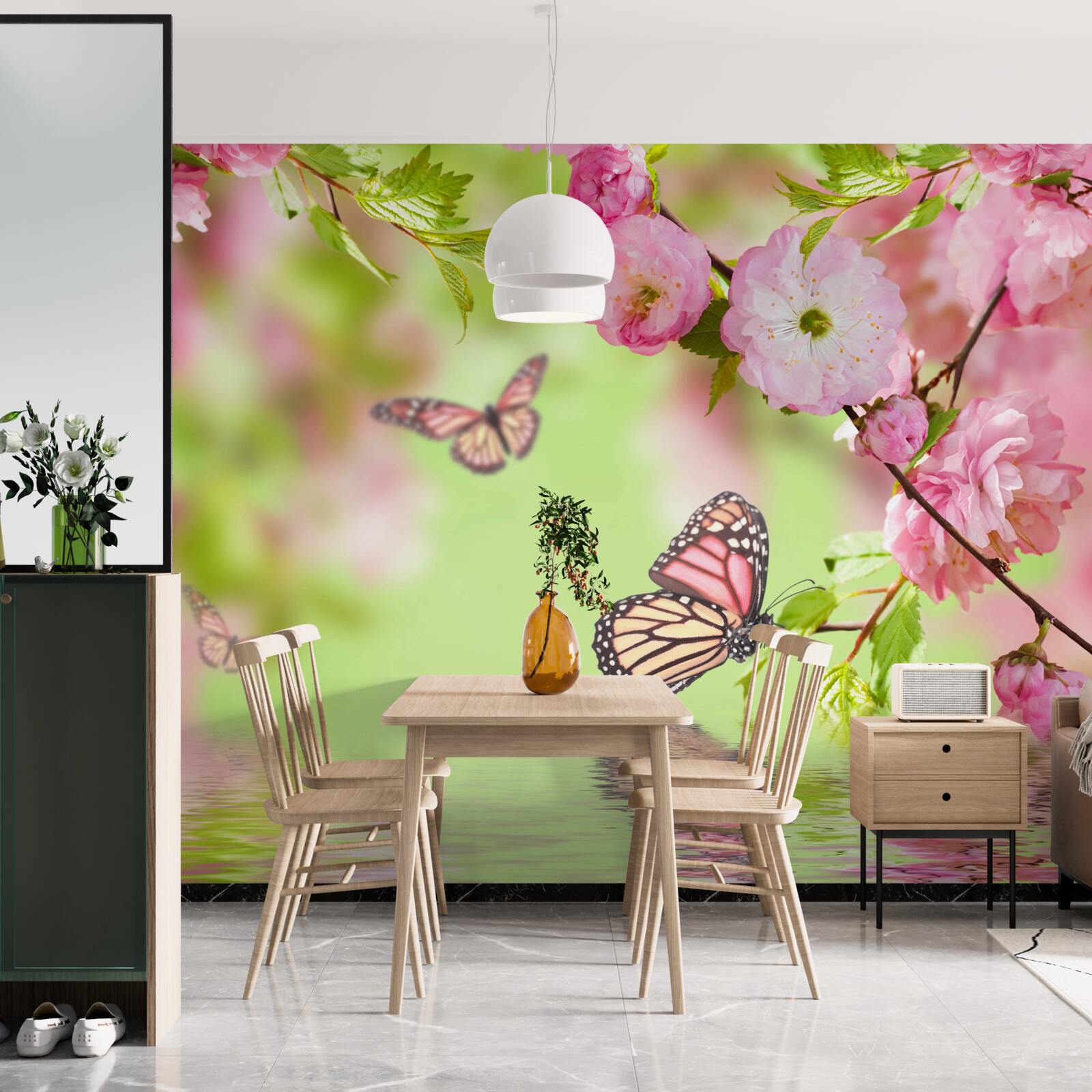 Fotobehang vlinders landen op een kersenbloesemboom bij een vijver