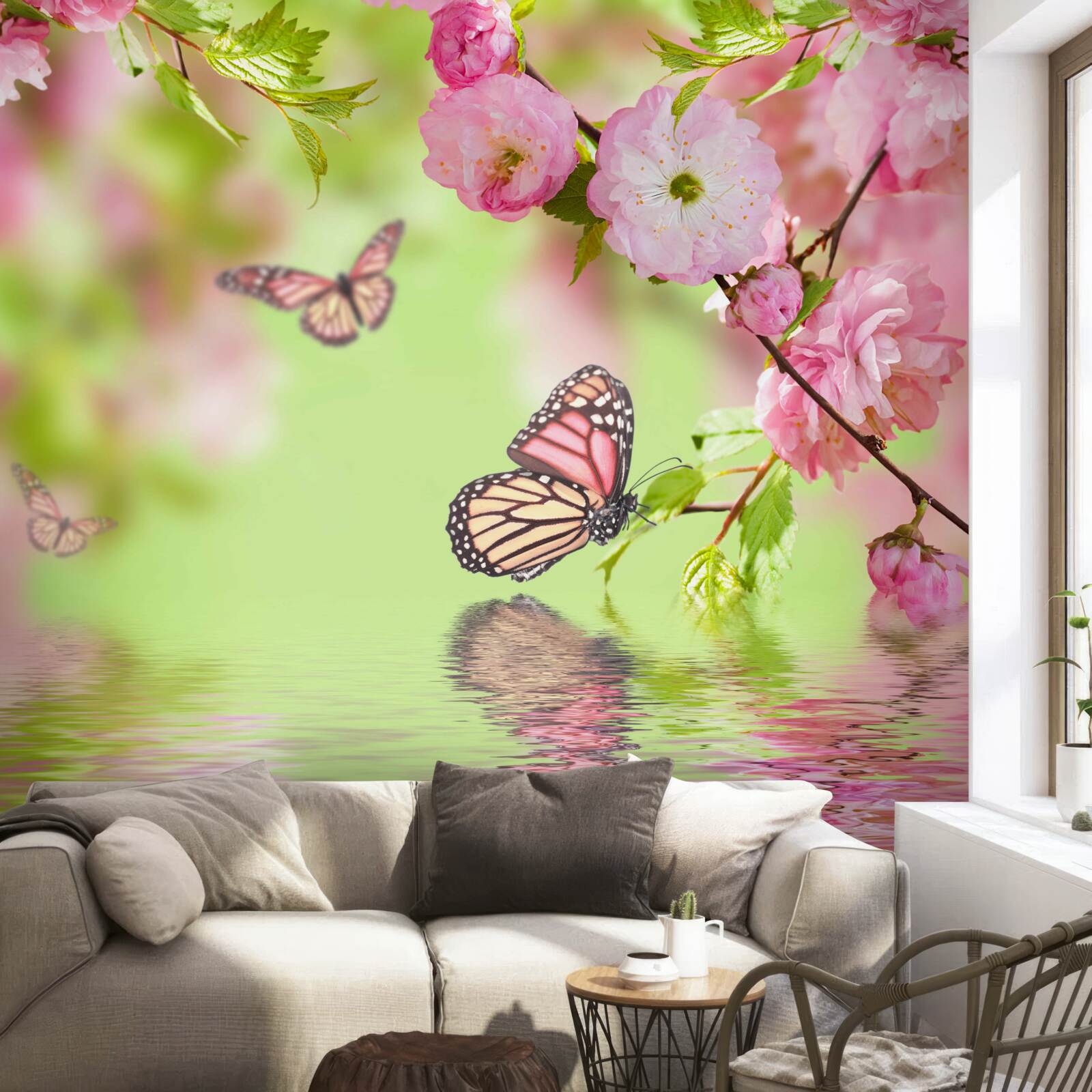 Fotobehang vlinders landen op een kersenbloesemboom bij een vijver