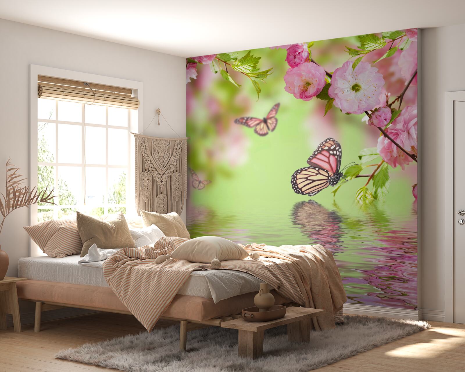 Fotobehang vlinders landen op een kersenbloesemboom bij een vijver