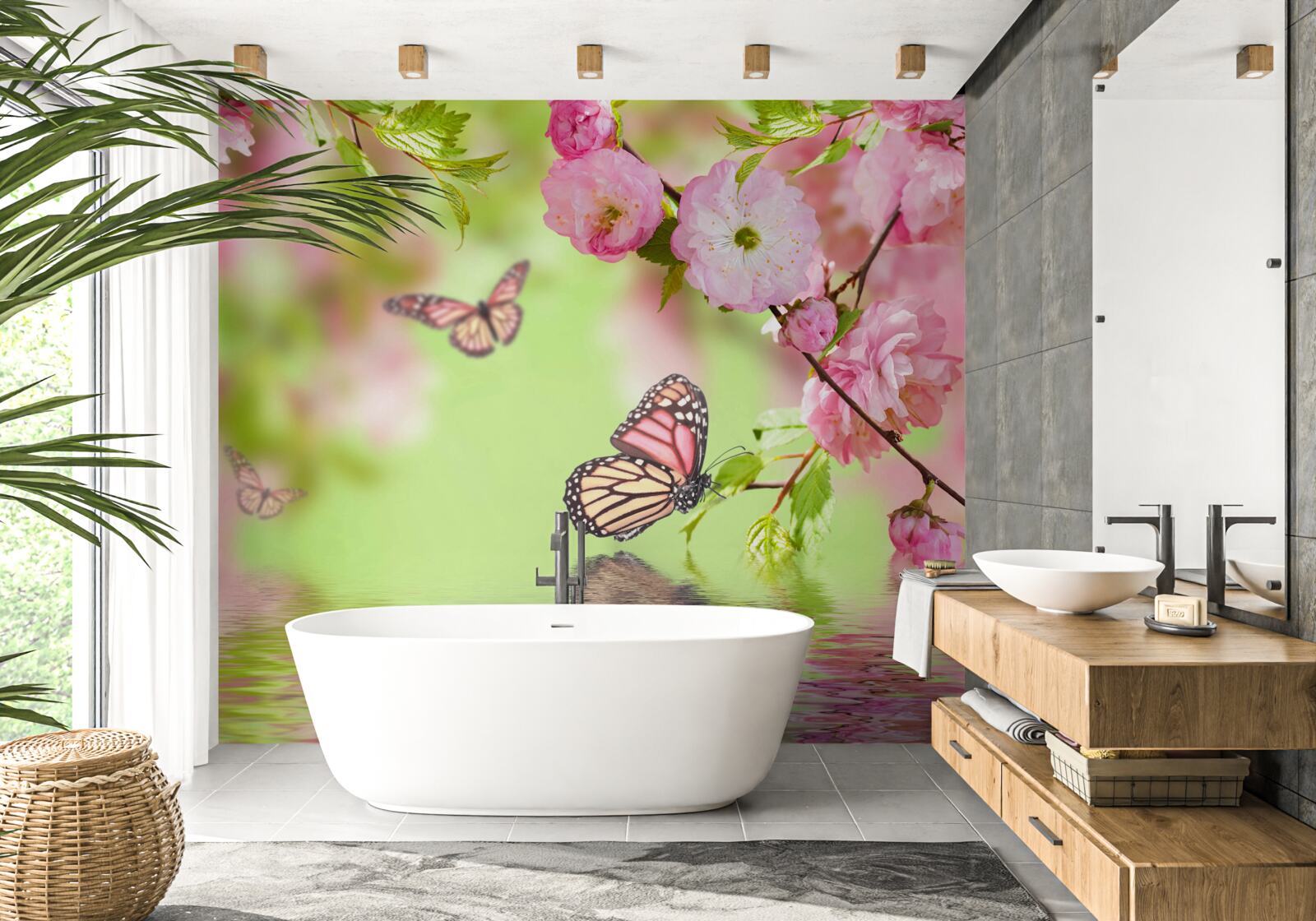 Fotobehang vlinders landen op een kersenbloesemboom bij een vijver