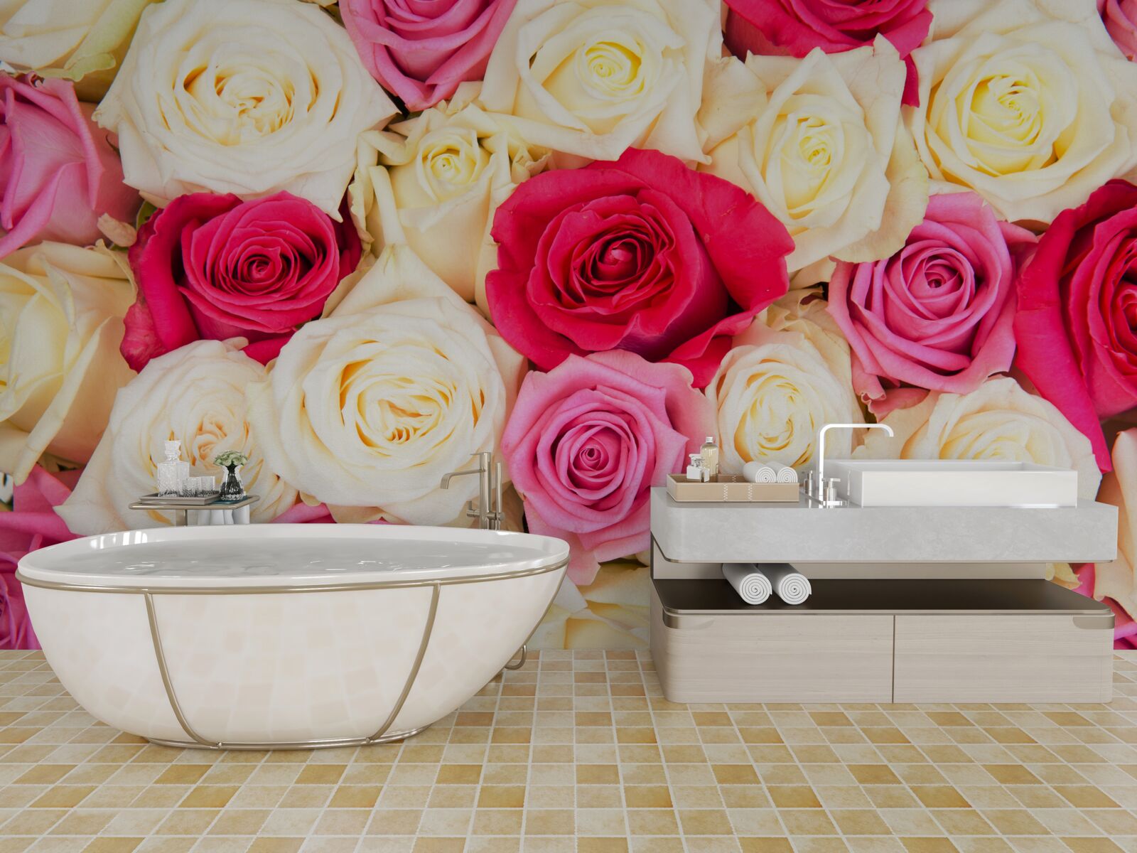 Fotobehang boeket van delicate rozen in verschillende tinten