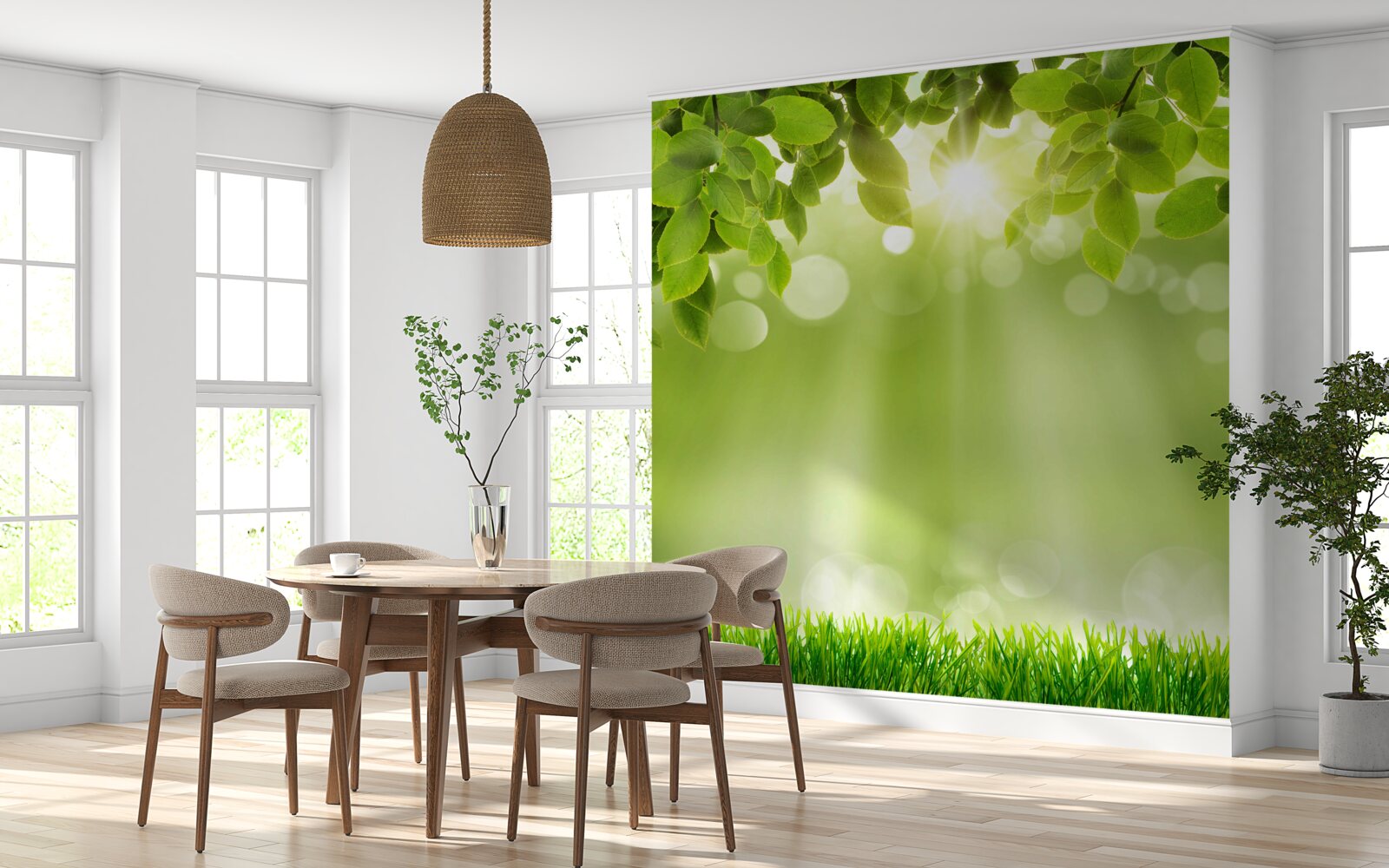 Fotobehang de zonnestralen verlichten een weide in de regen