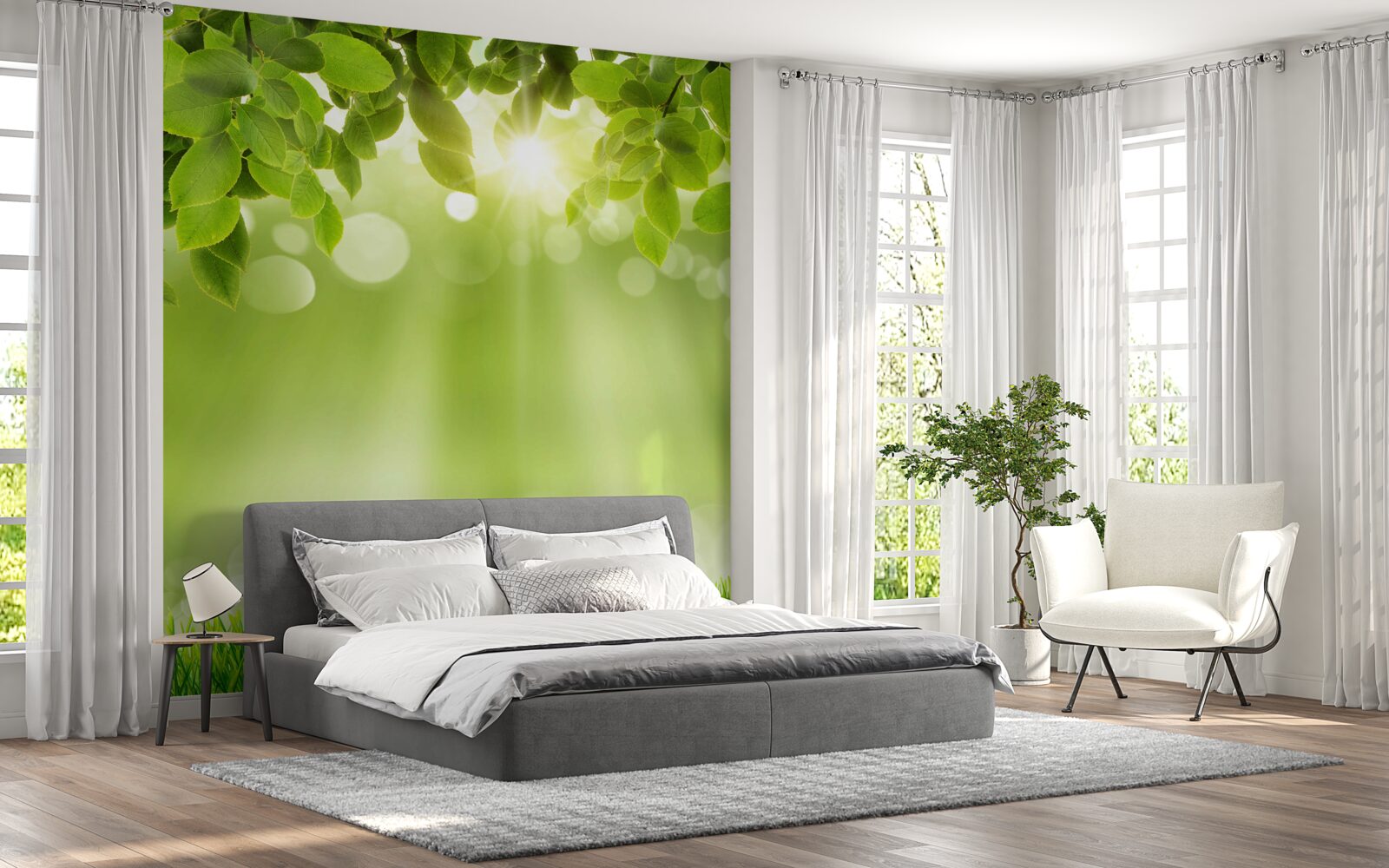 Fotobehang de zonnestralen verlichten een weide in de regen