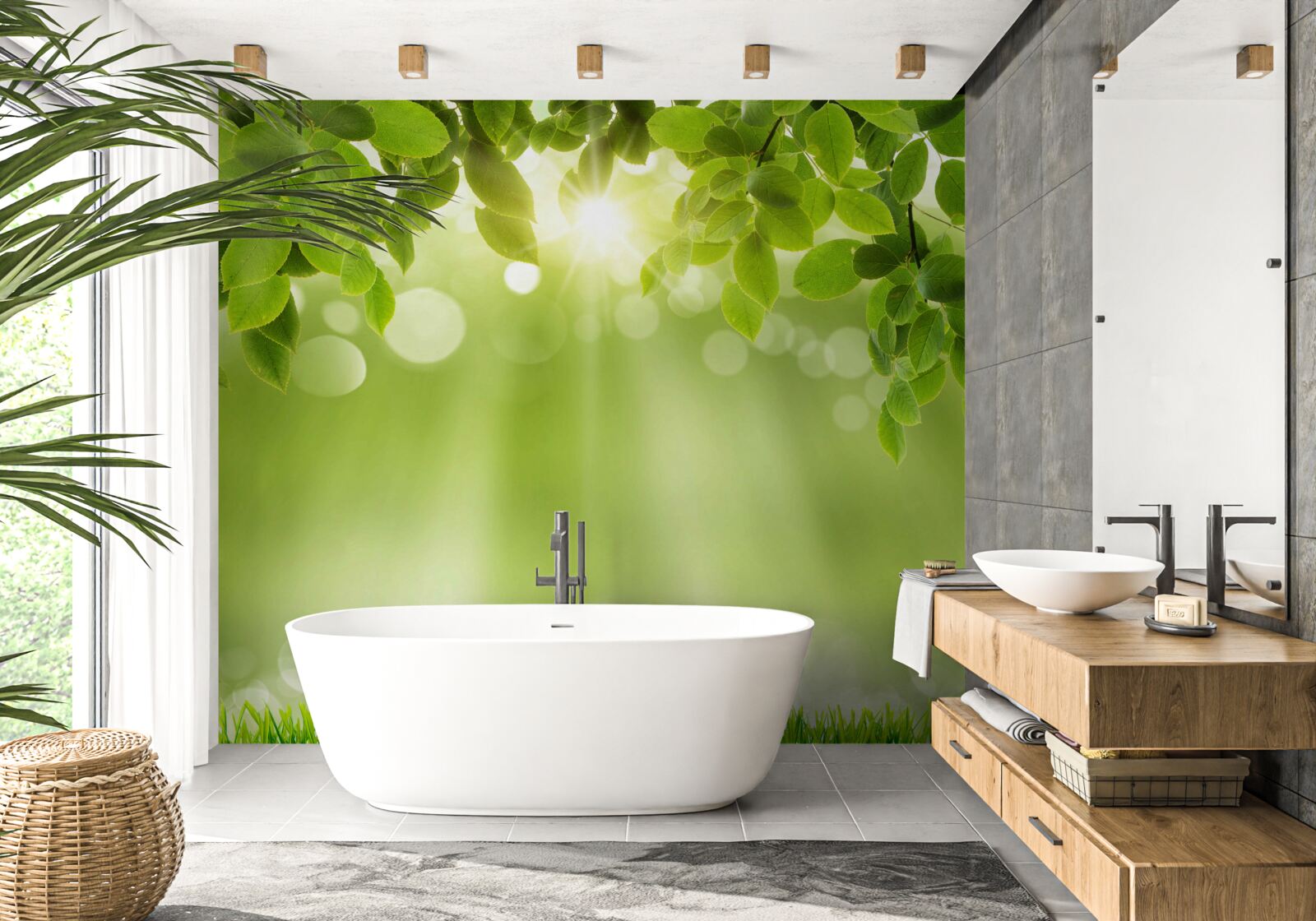 Fotobehang de zonnestralen verlichten een weide in de regen