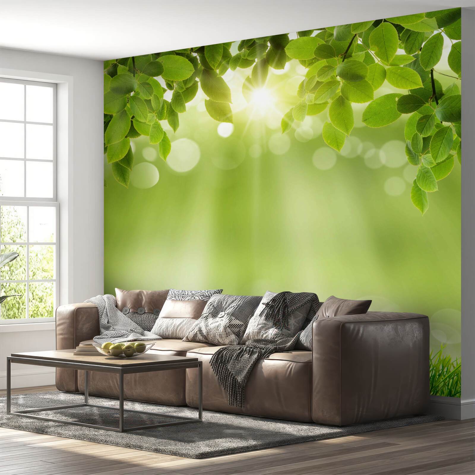 Fotobehang de zonnestralen verlichten een weide in de regen