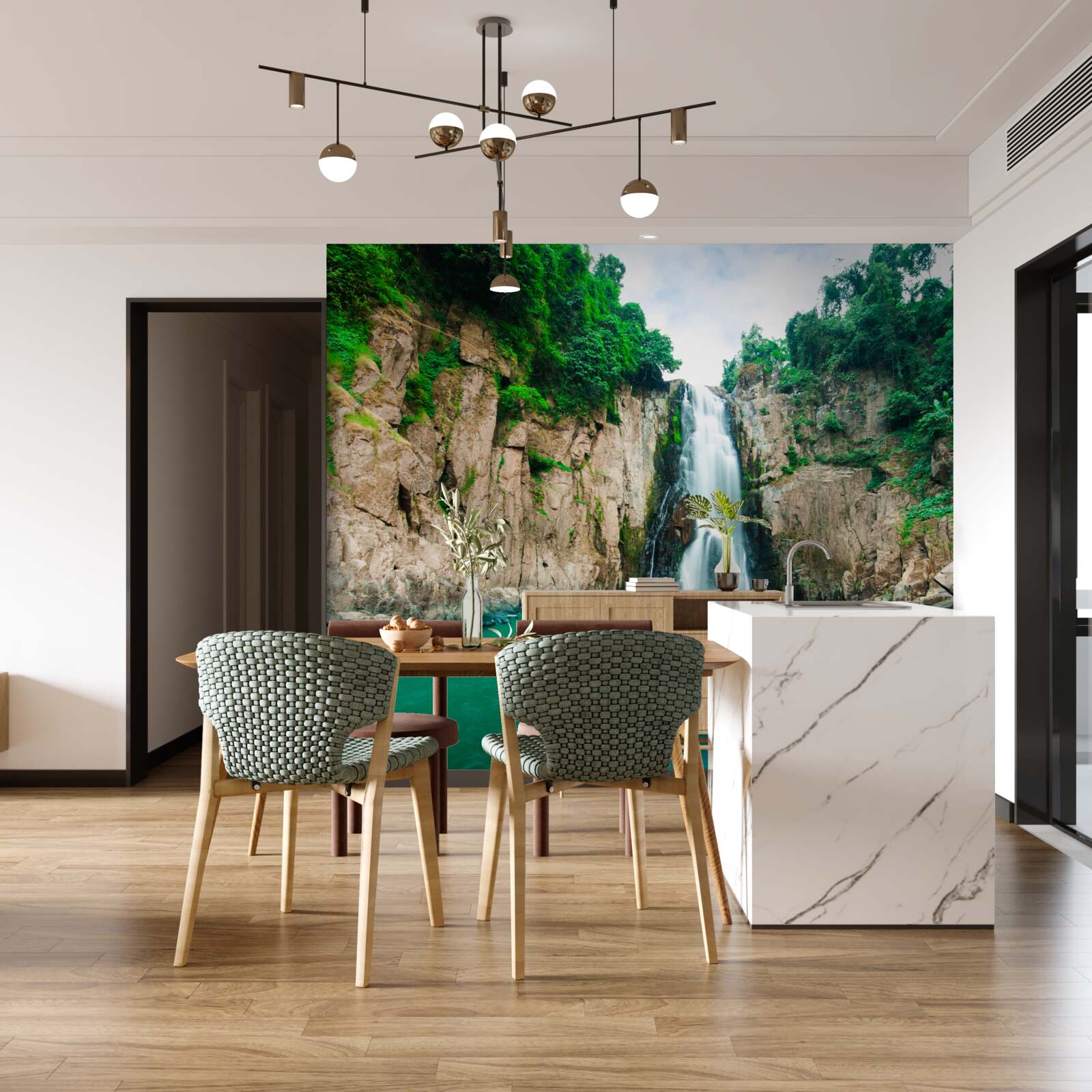 Fotobehang hoge waterval in de bergen