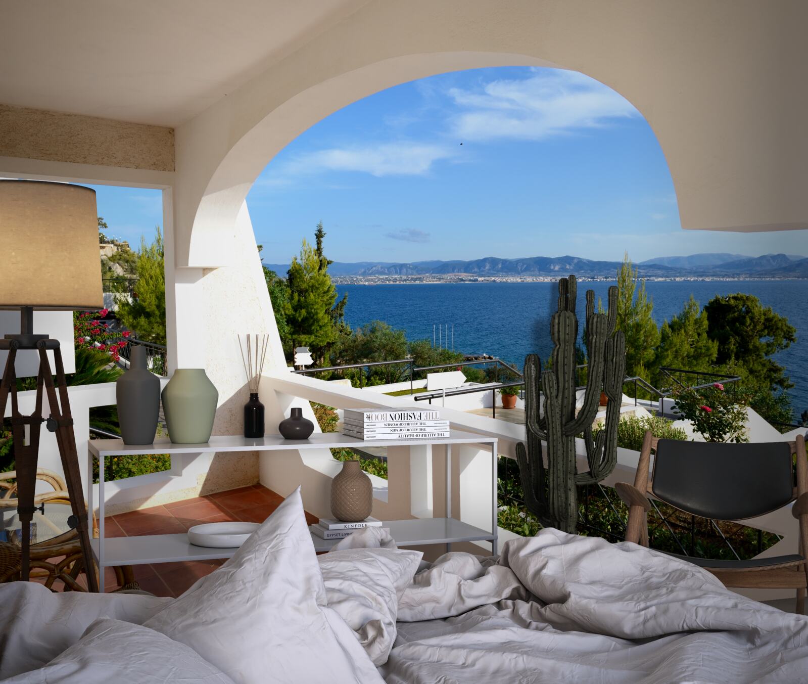 Fotobehang comfortabel terras met uitzicht op de oceaan
