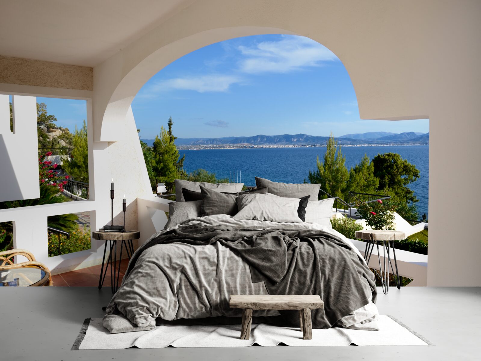 Fotobehang comfortabel terras met uitzicht op de oceaan