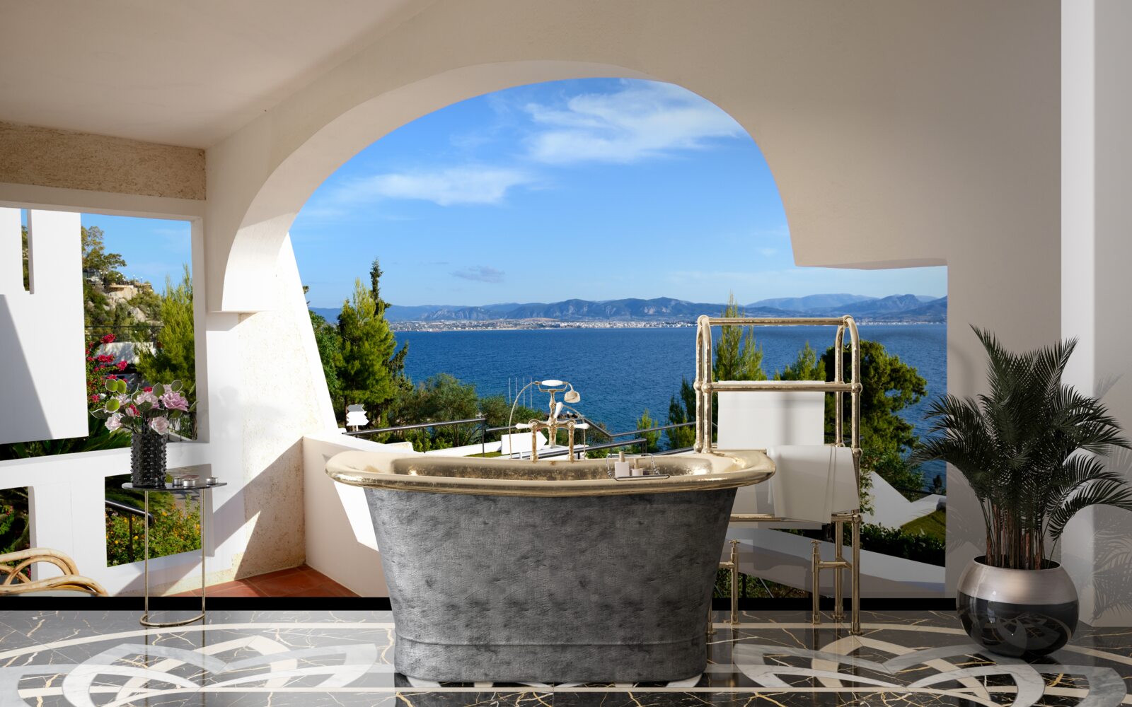 Fotobehang comfortabel terras met uitzicht op de oceaan