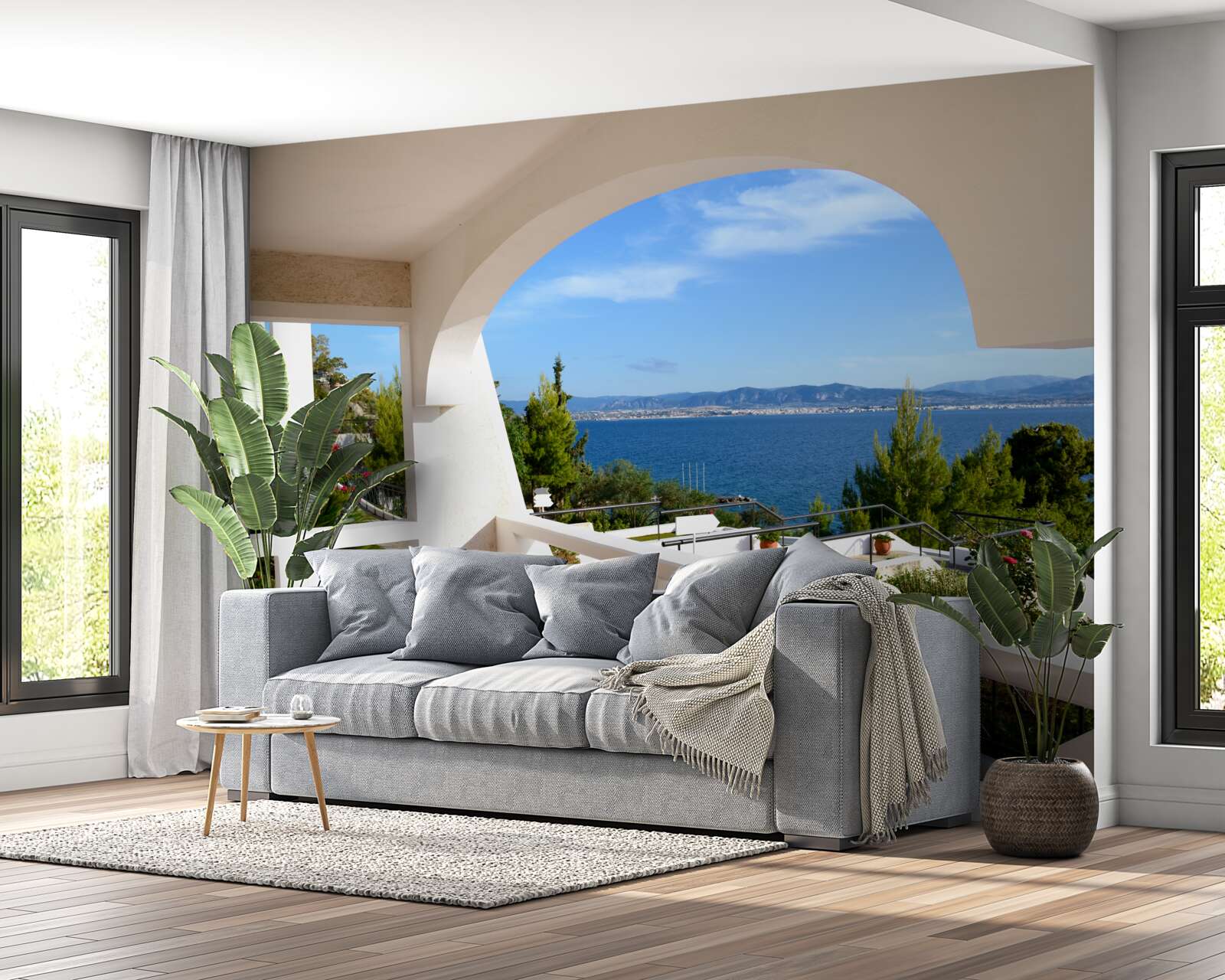 Fotobehang comfortabel terras met uitzicht op de oceaan