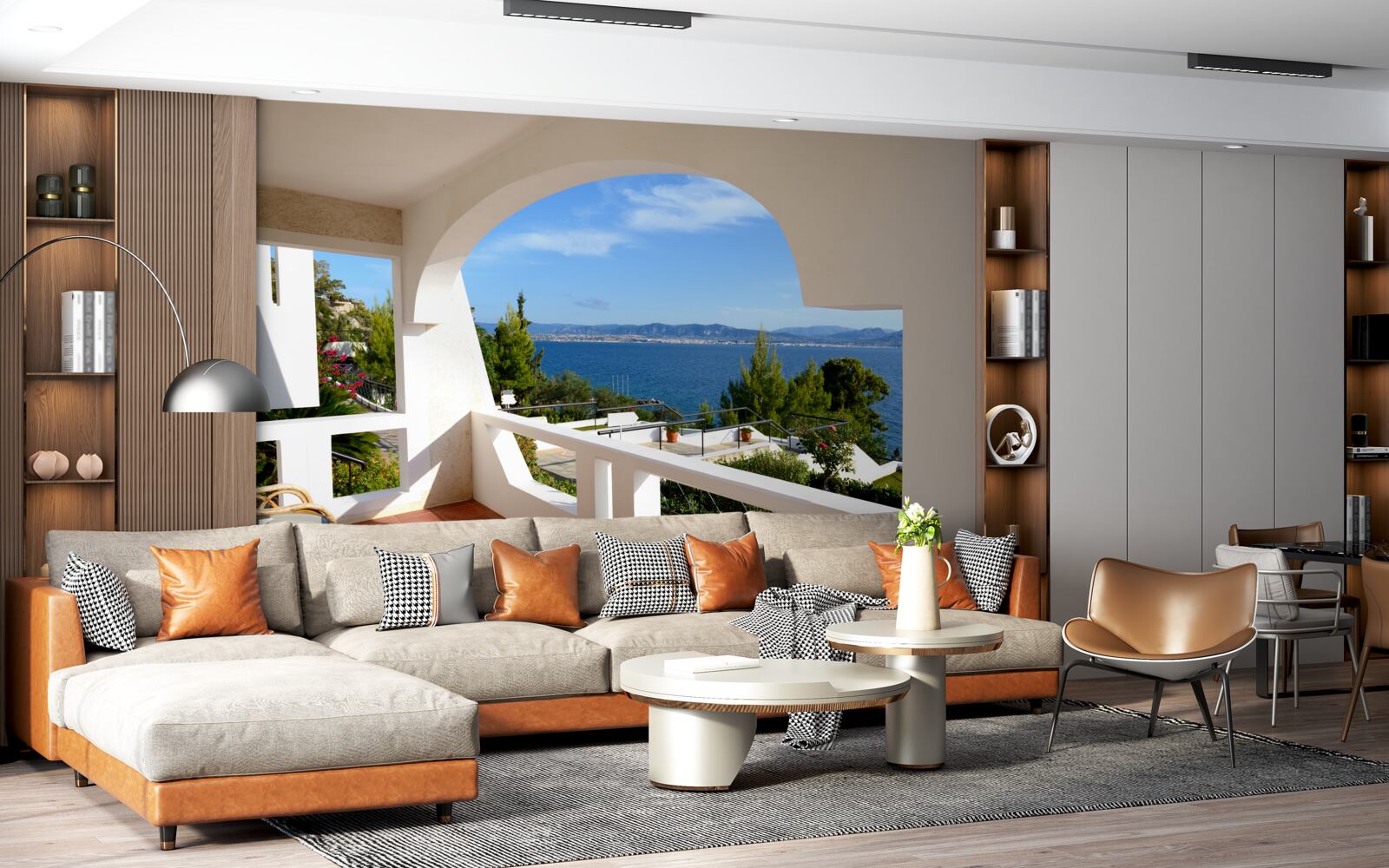 Fotobehang comfortabel terras met uitzicht op de oceaan