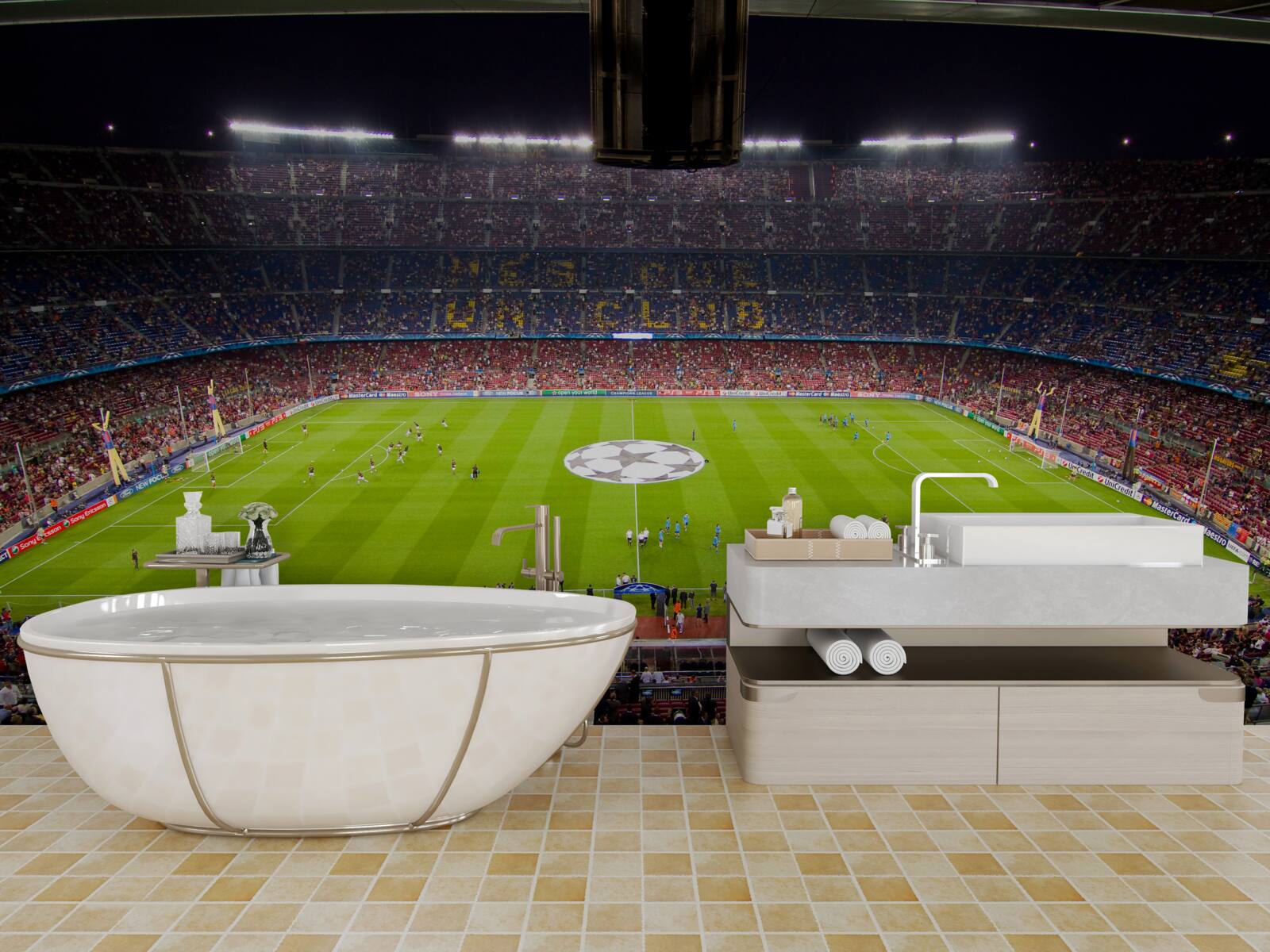 Fotobehang voetbalveld met toeschouwers