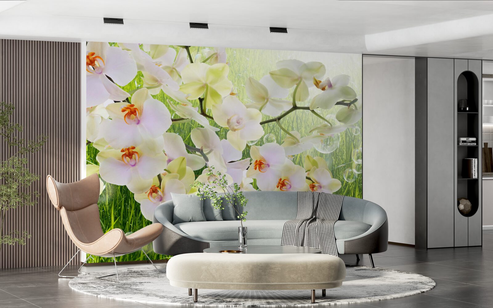 Fotobehang witte kersenbloesemtakken en paardenbloemen