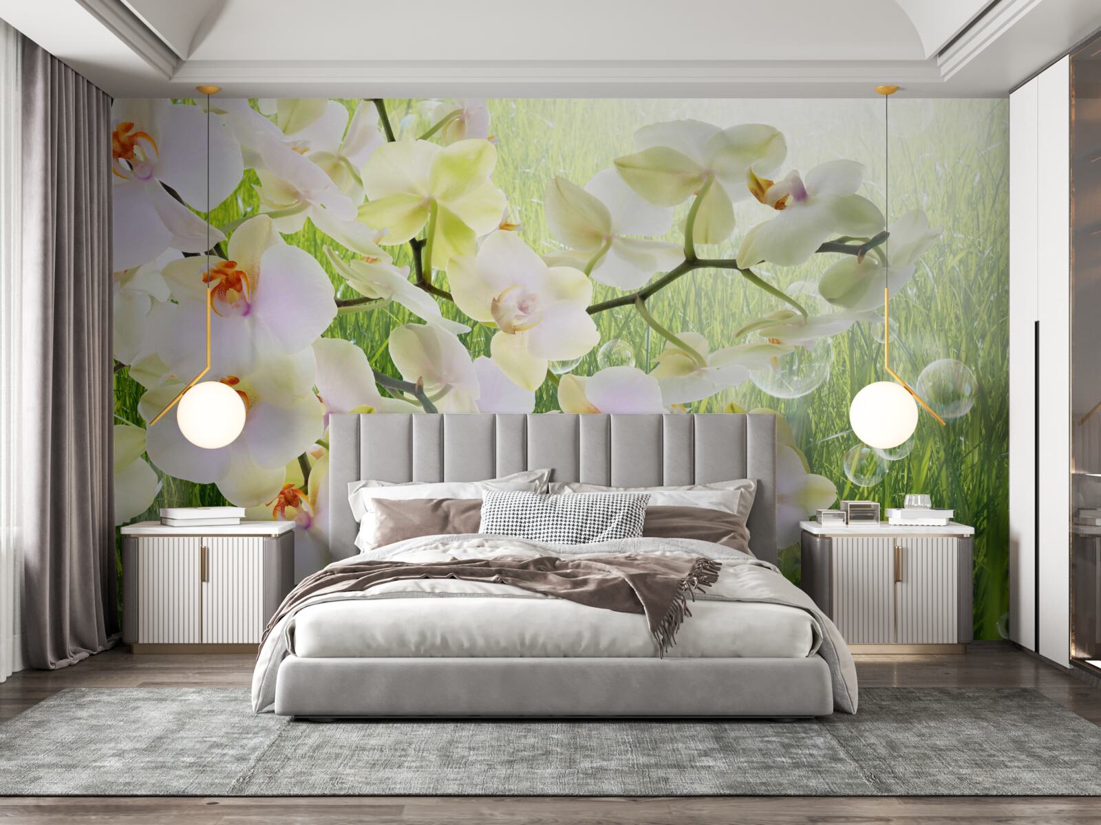 Fotobehang witte kersenbloesemtakken en paardenbloemen