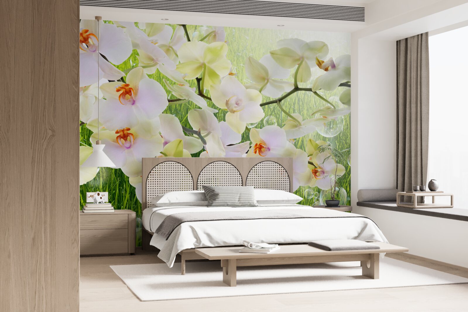 Fotobehang witte kersenbloesemtakken en paardenbloemen