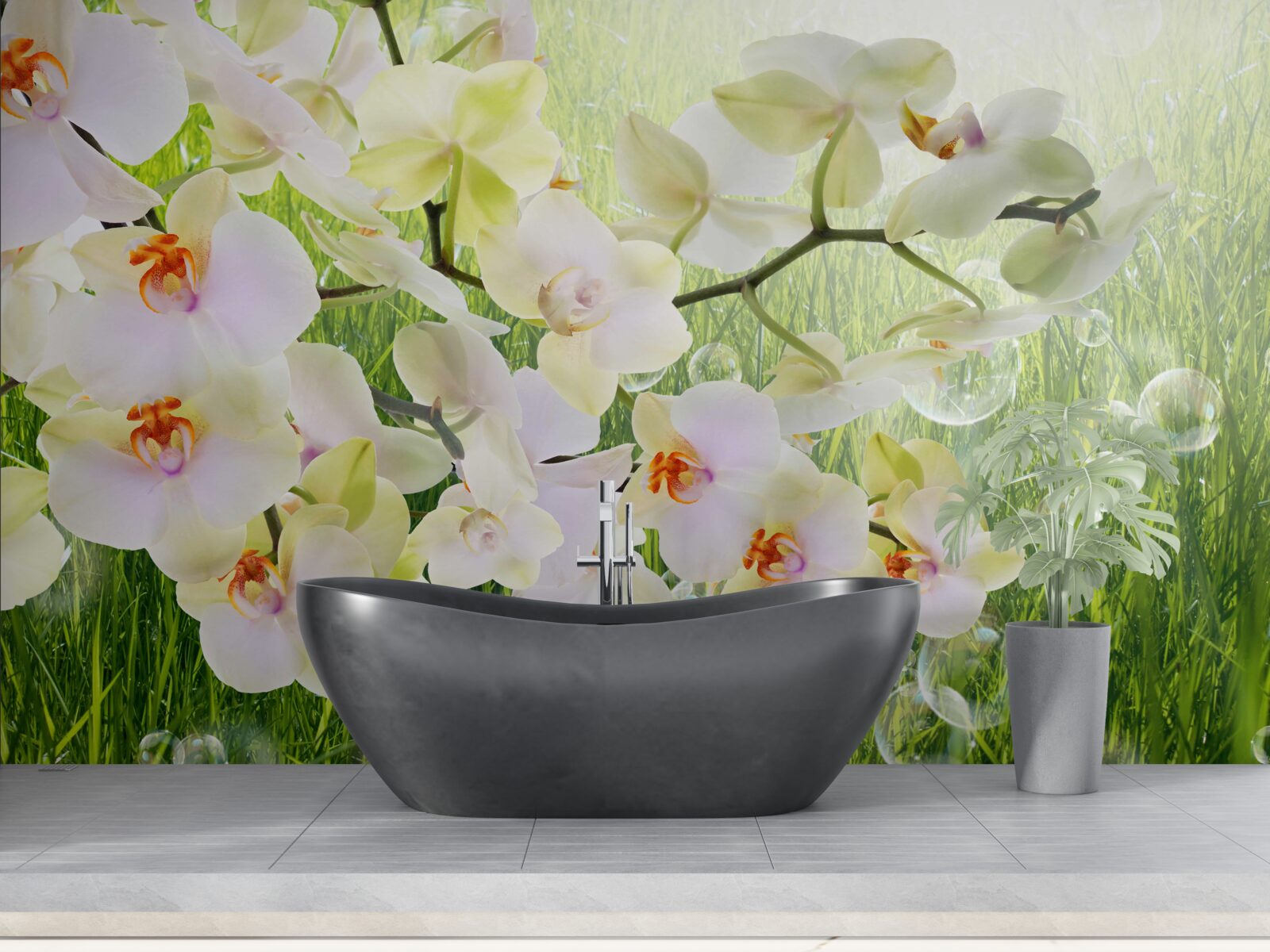 Fotobehang witte kersenbloesemtakken en paardenbloemen