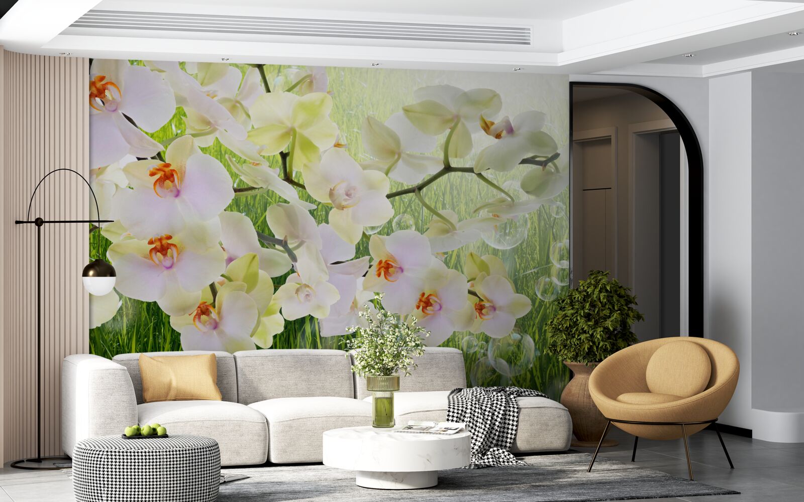 Fotobehang witte kersenbloesemtakken en paardenbloemen