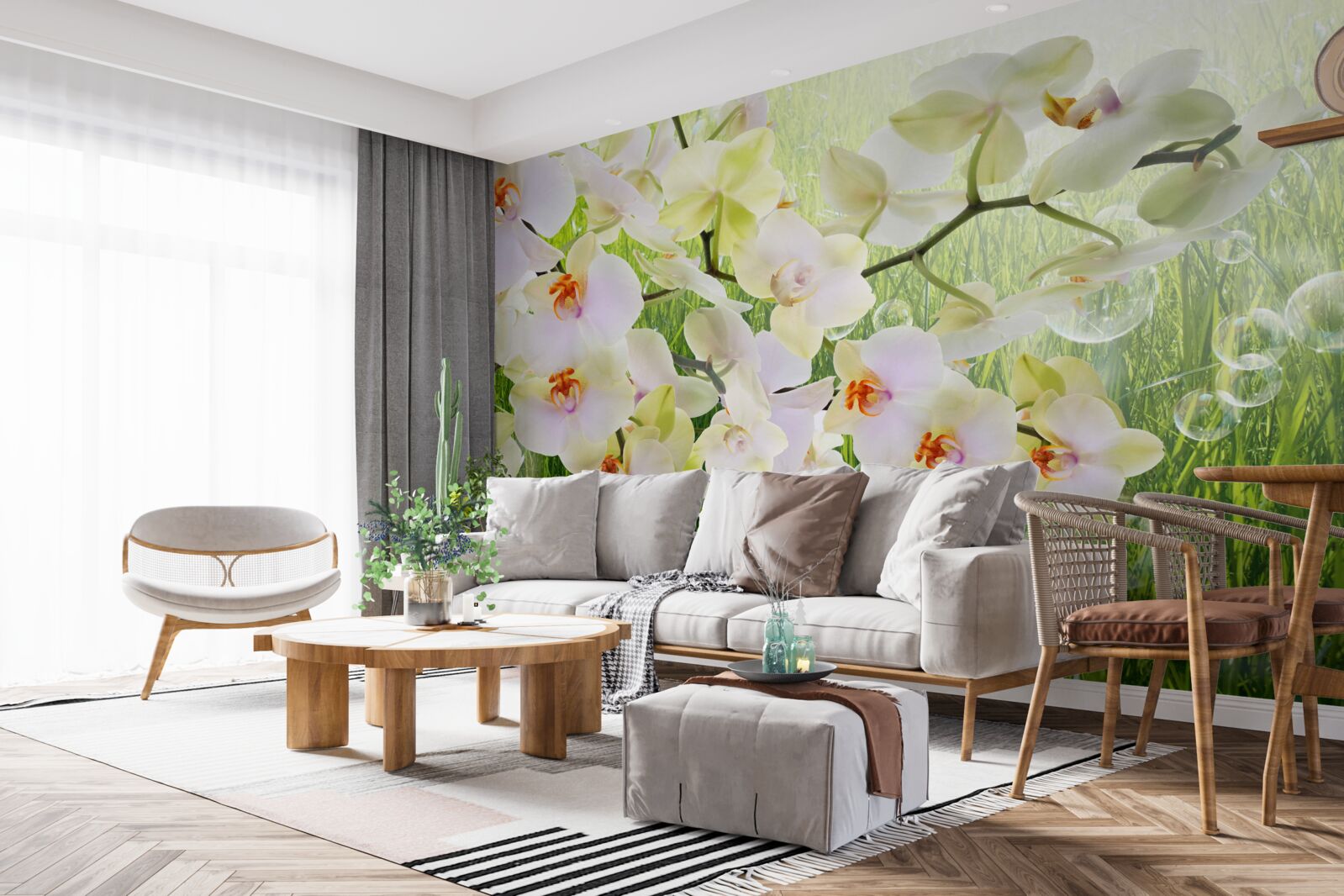 Fotobehang witte kersenbloesemtakken en paardenbloemen