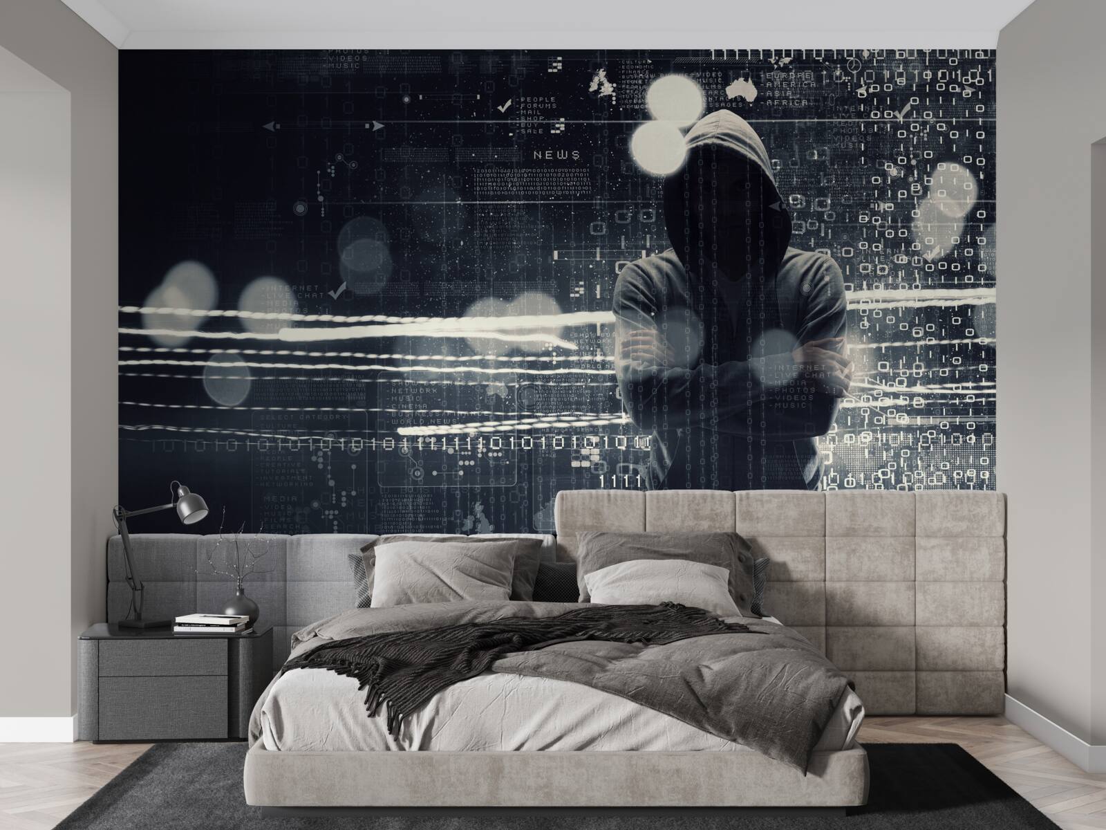 Fotobehang figuur met capuchon tegen wazige achtergrond