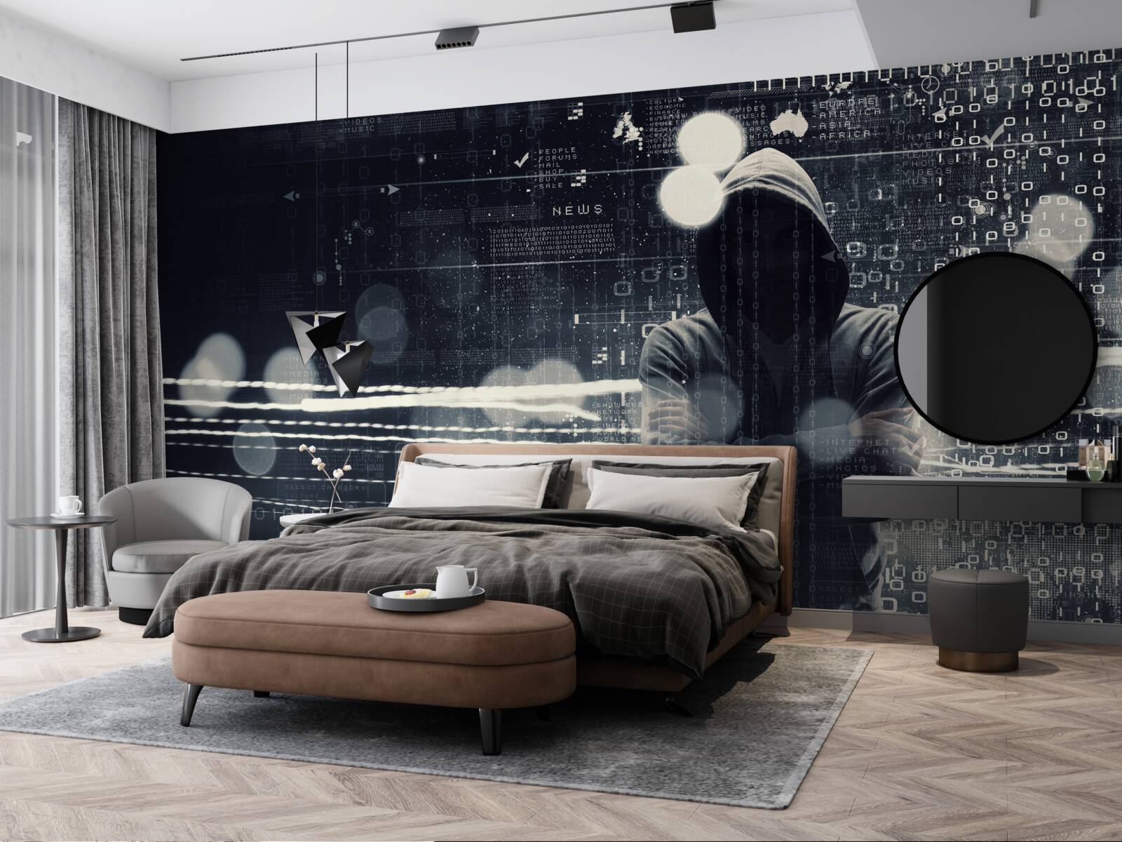 Fotobehang figuur met capuchon tegen wazige achtergrond