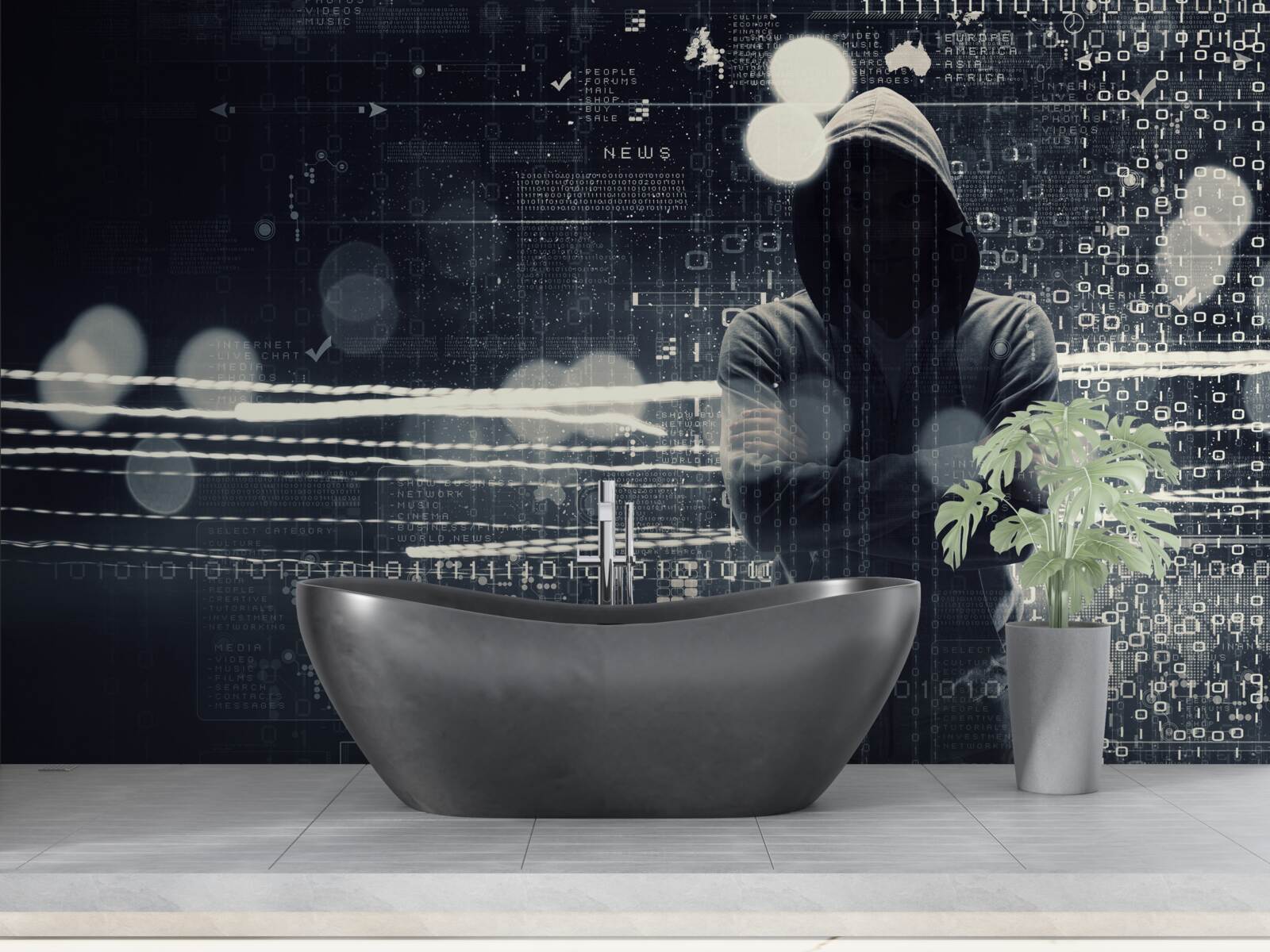 Fotobehang figuur met capuchon tegen wazige achtergrond