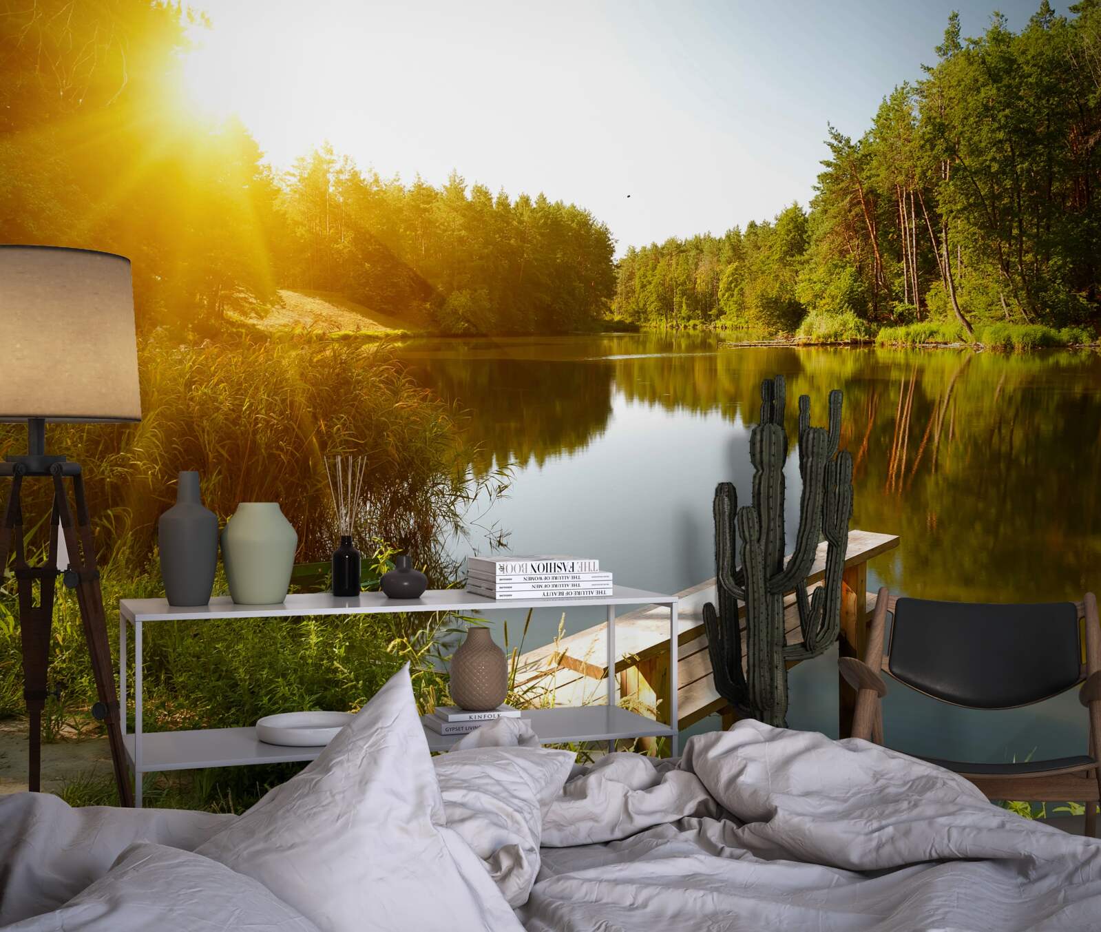 Fotobehang heldere ochtend in het bos bij de vijver