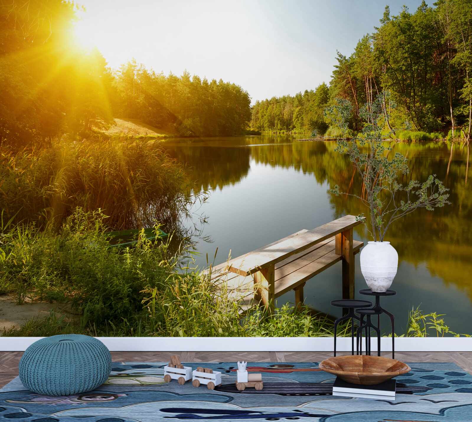 Fotobehang heldere ochtend in het bos bij de vijver