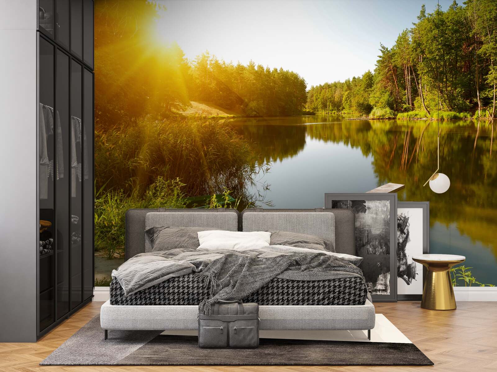 Fotobehang heldere ochtend in het bos bij de vijver