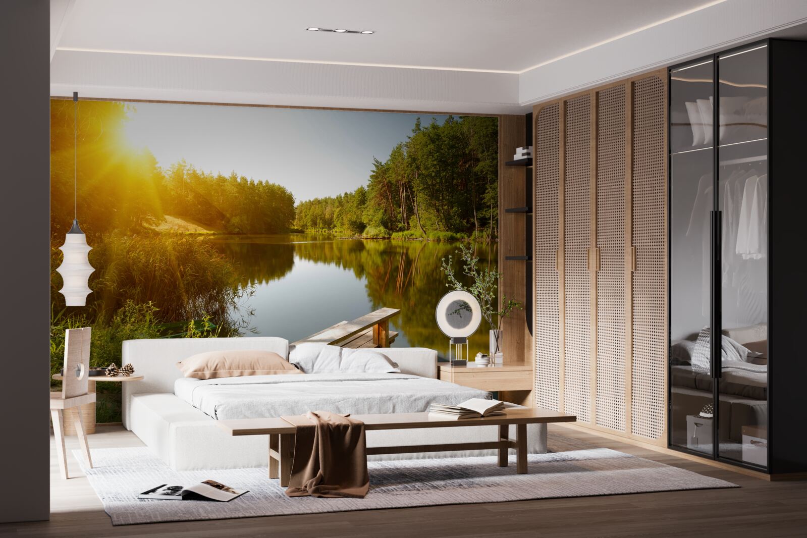 Fotobehang heldere ochtend in het bos bij de vijver