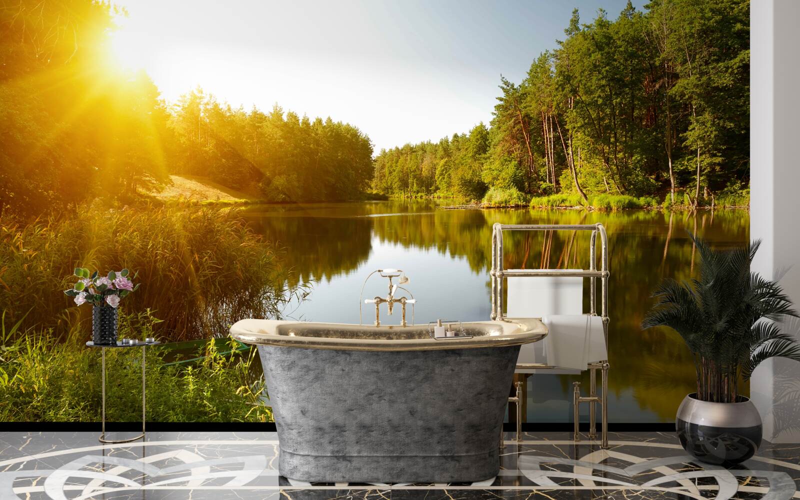 Fotobehang heldere ochtend in het bos bij de vijver