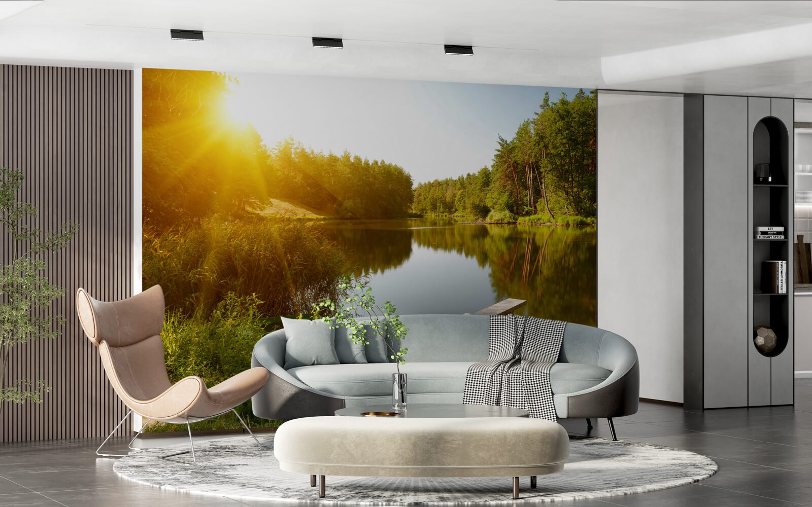 Fotobehang heldere ochtend in het bos bij de vijver