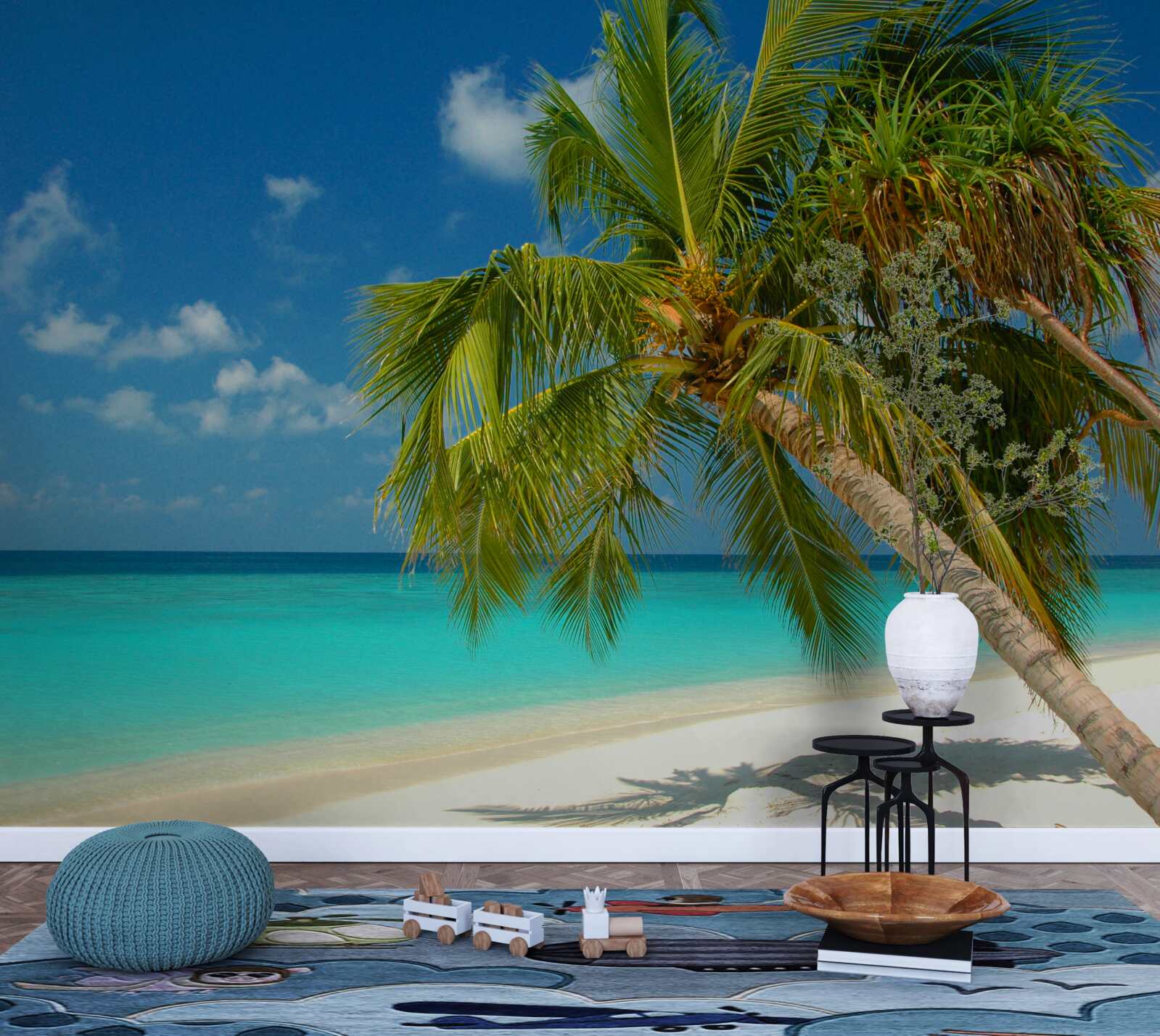 Fotobehang palmboom op een strand aan de oceaan