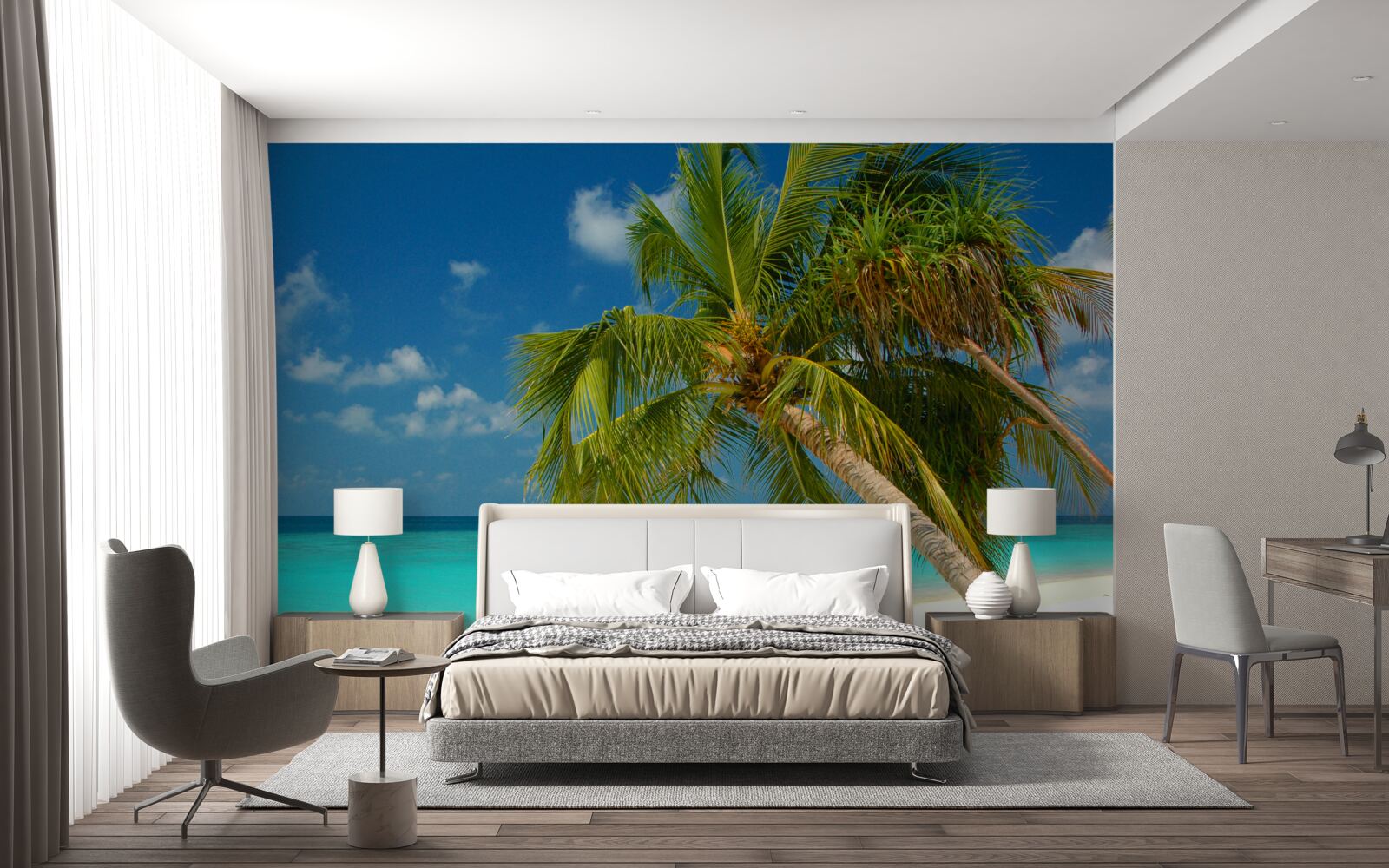 Fotobehang palmboom op een strand aan de oceaan