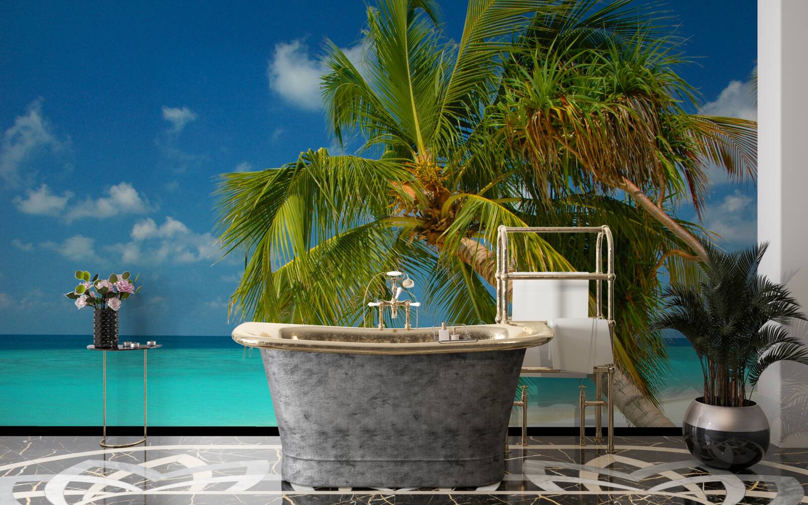 Fotobehang palmboom op een strand aan de oceaan