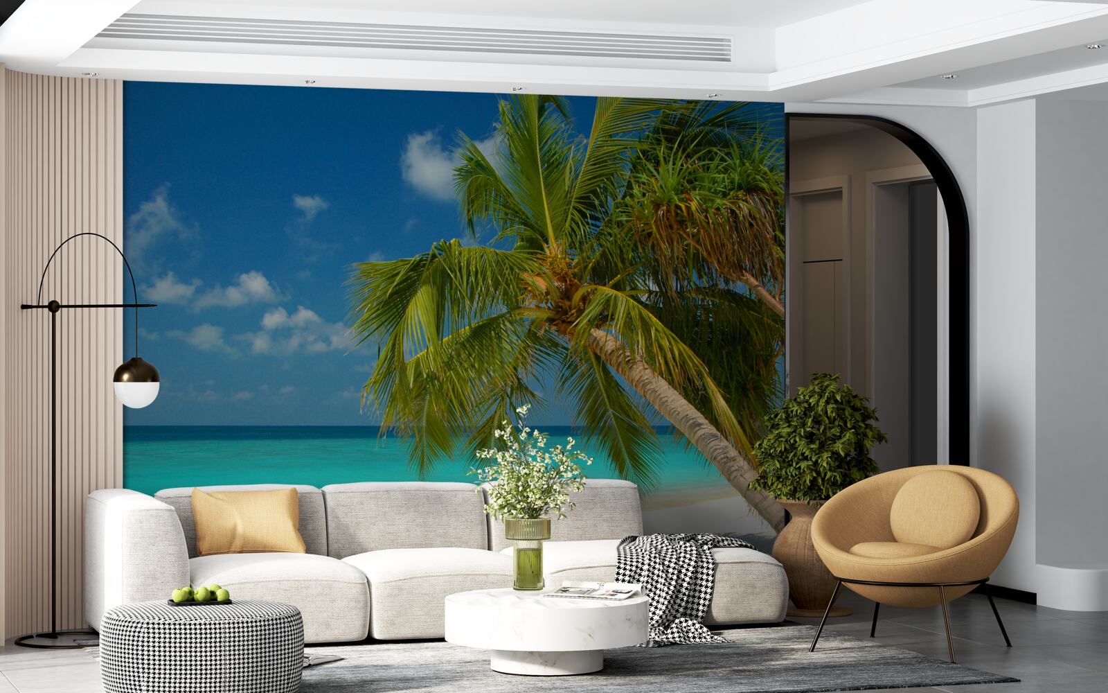 Fotobehang palmboom op een strand aan de oceaan