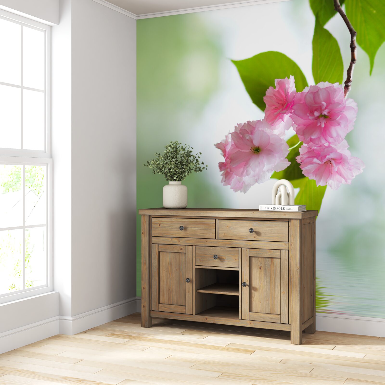 Fotobehang sakura bloeit op takken bij water