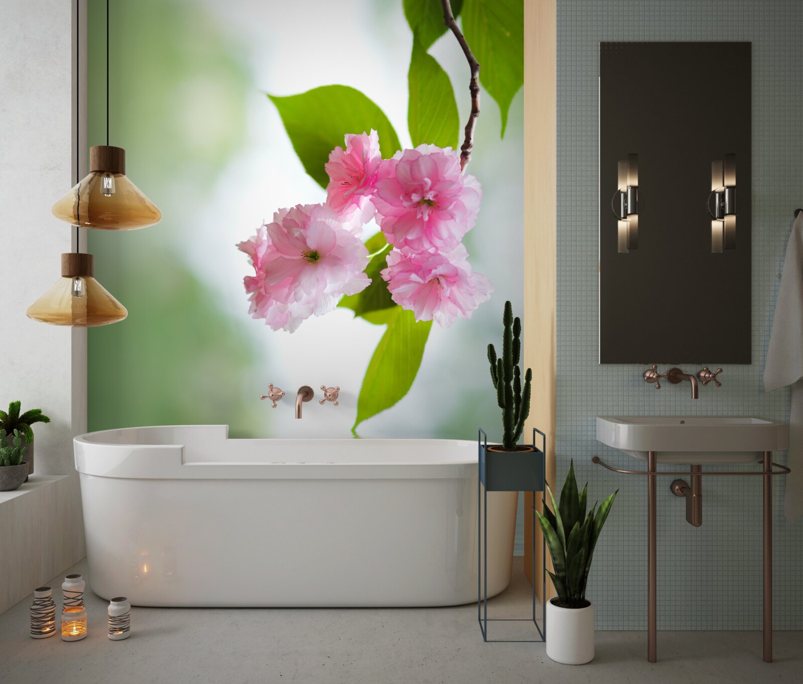 Fotobehang sakura bloeit op takken bij water