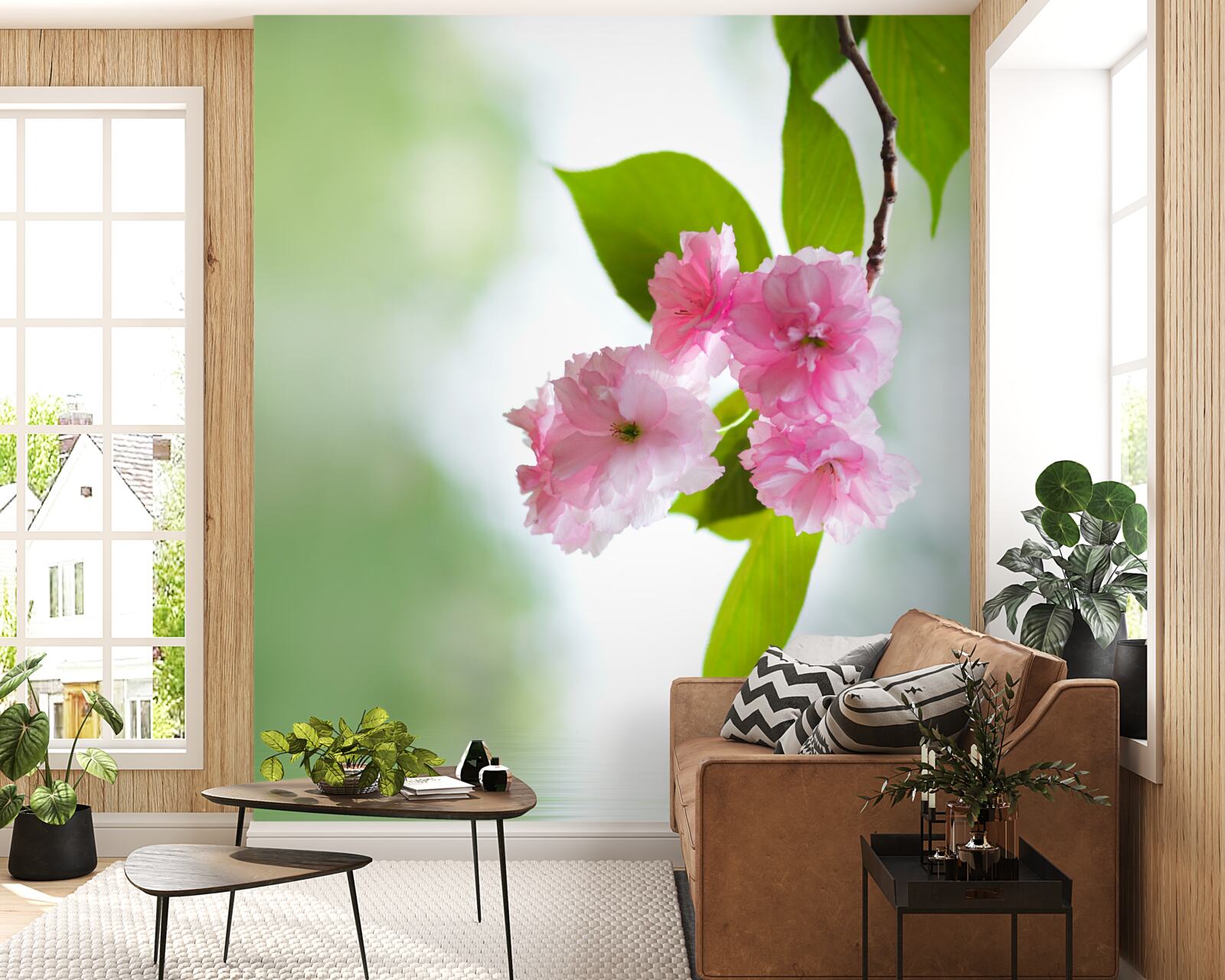 Fotobehang sakura bloeit op takken bij water