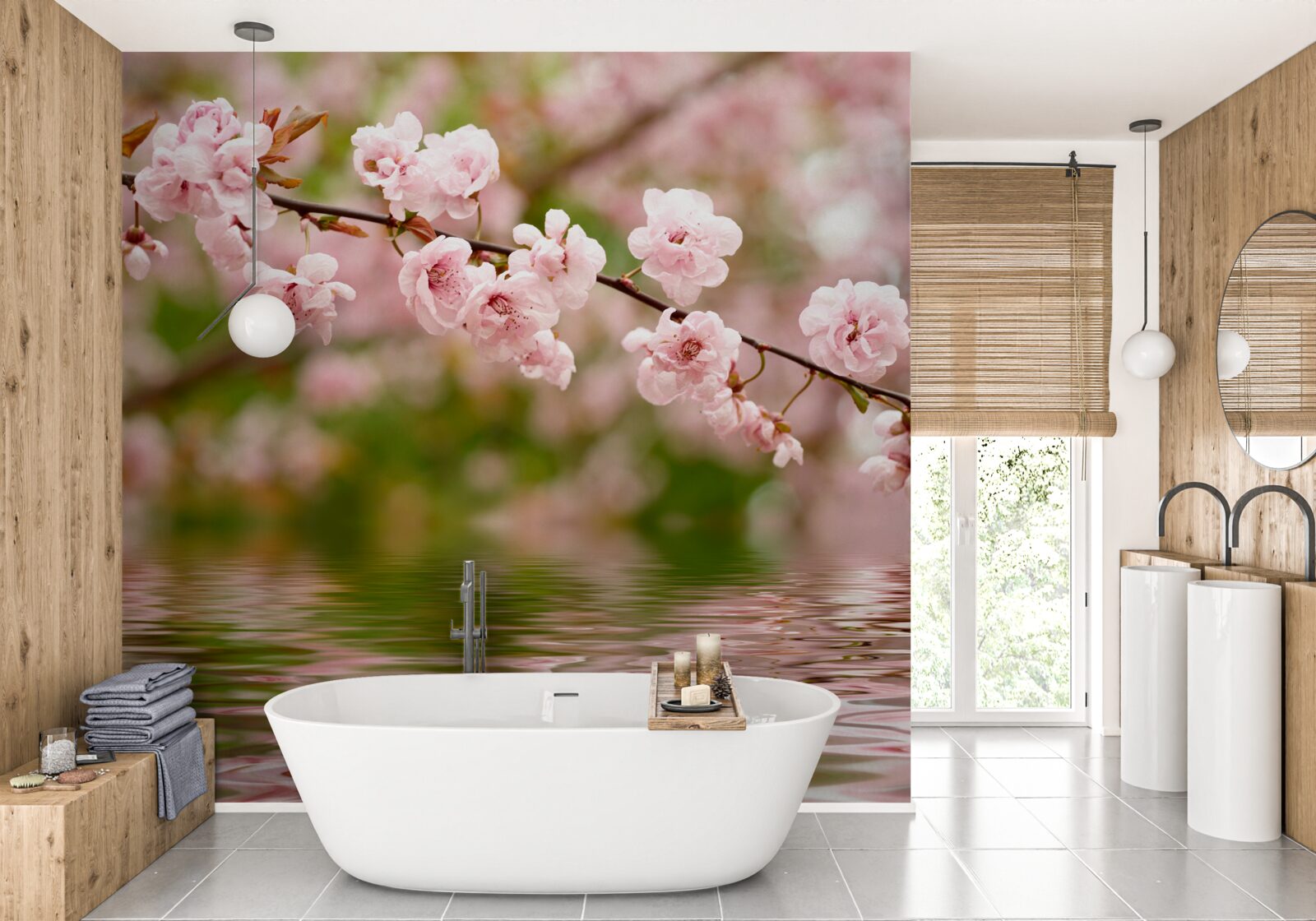 Fotobehang tak met bloemen op het wateroppervlak