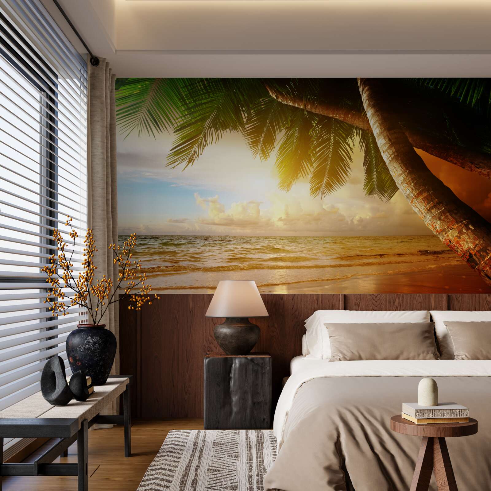 Fotobehang palmboom bij water bij zonsondergang in de tropen