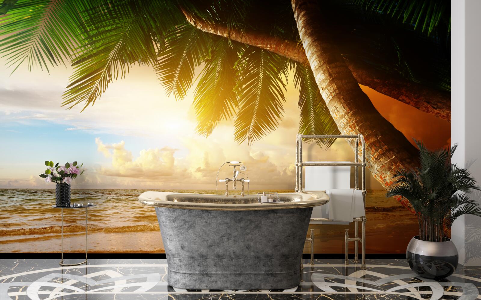 Fotobehang palmboom bij water bij zonsondergang in de tropen