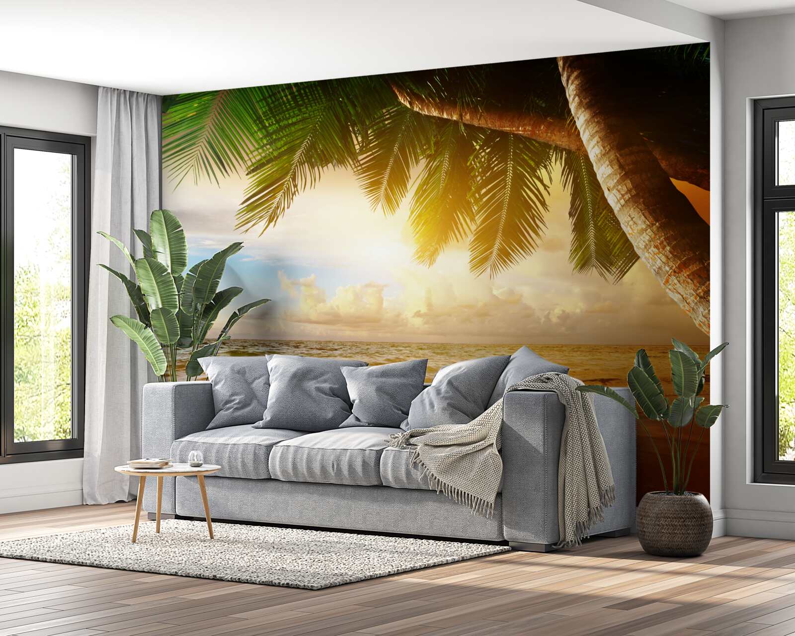 Fotobehang palmboom bij water bij zonsondergang in de tropen