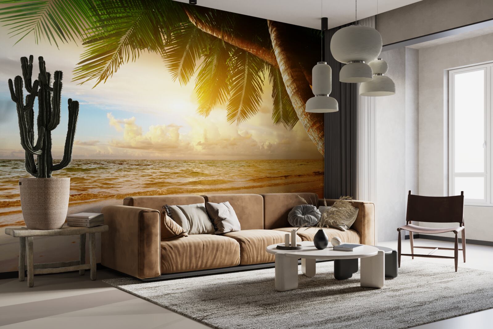 Fotobehang palmboom bij water bij zonsondergang in de tropen